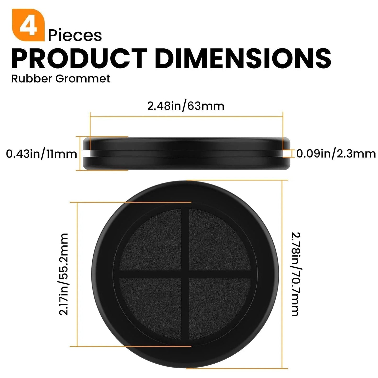 Rubber Grommets 2-1/8 In ID, 2-1/2 In Drill Hole, dimensions and side view, Double-Sided Wire Protection Plugs in 4 Pack