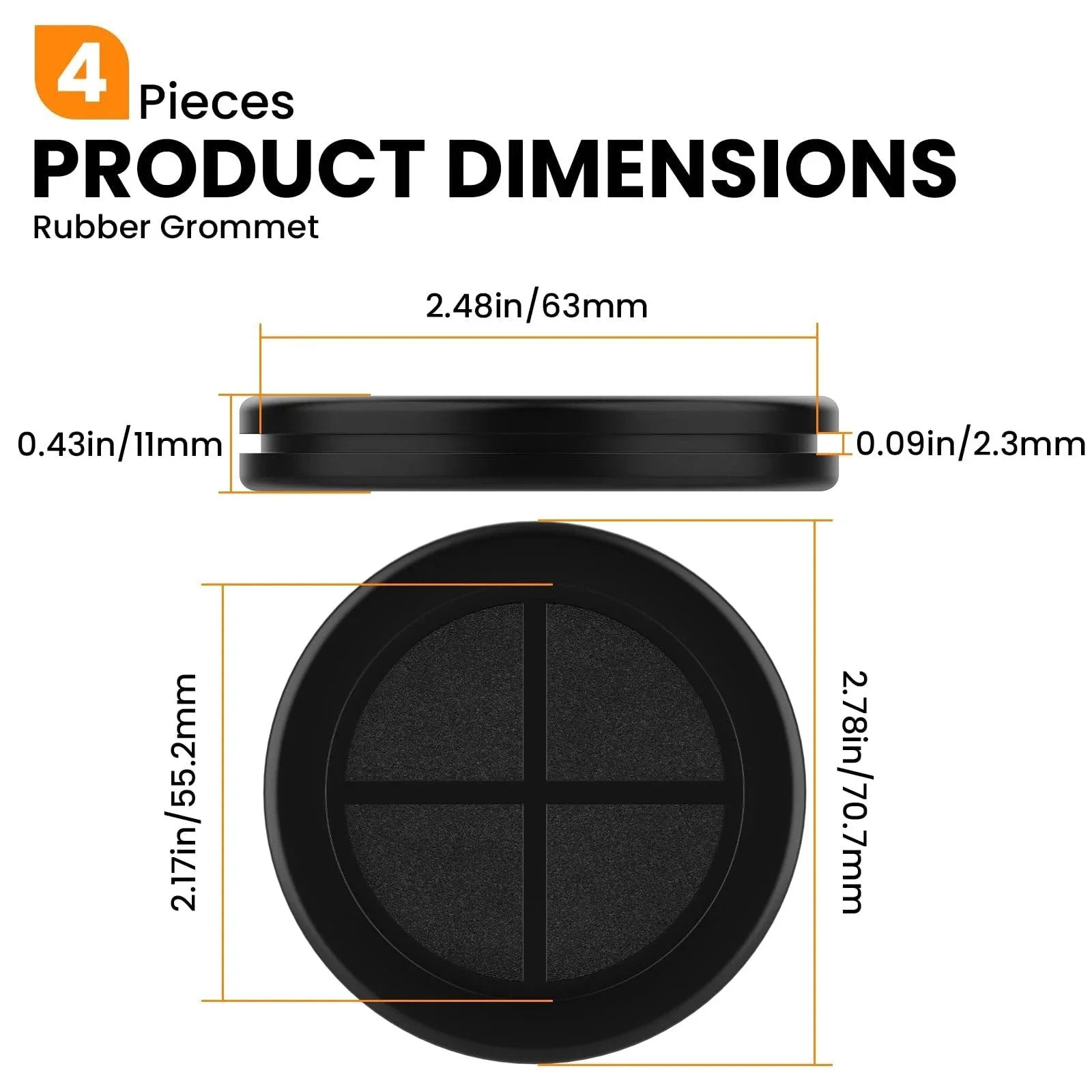 Rubber Grommets 2-1/8 In ID, 2-1/2 In Drill Hole, dimensions and side view, Double-Sided Wire Protection Plugs in 4 Pack