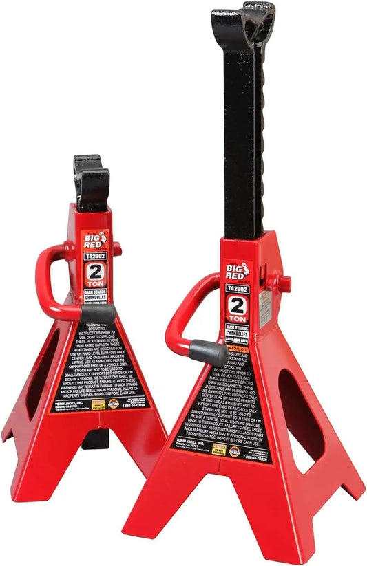 2 Ton Steel Car Jack Stands Pair 4000 Lb Capacity With Welded Frame, red color, shown from a side angle