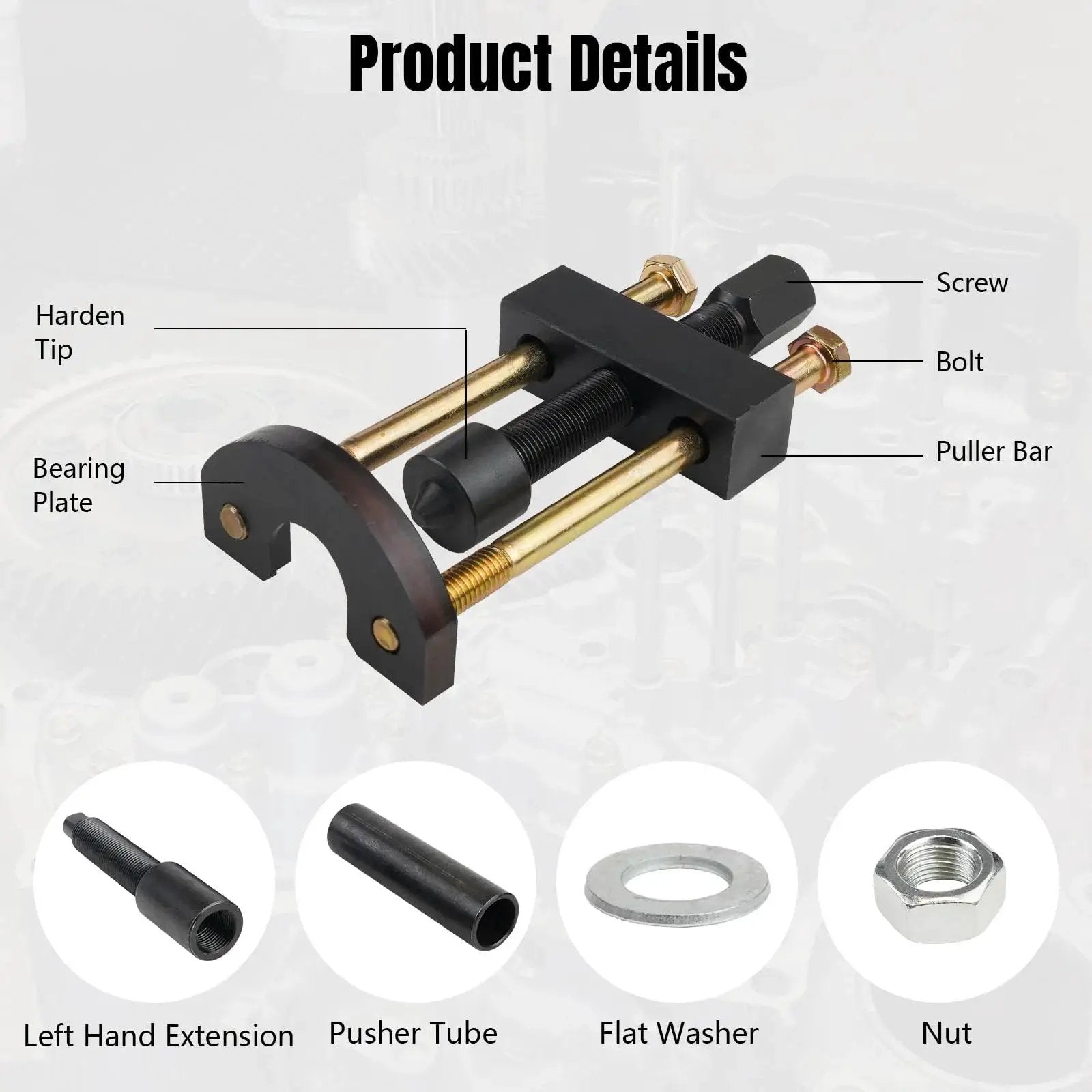 Transmission Mainshaft Inner Bearing Race Tool Installer Puller for Big Twin, highlights components like bolt and nut.