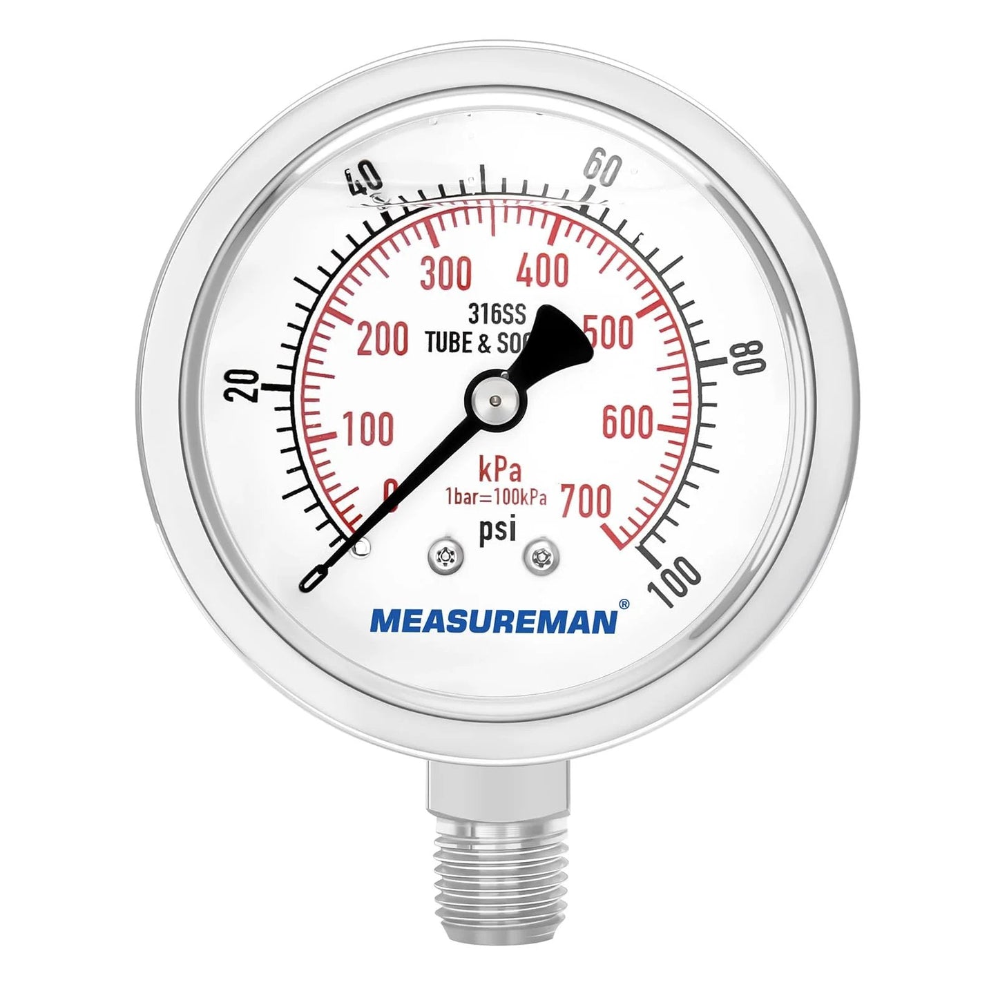 Front view of Stainless Steel Hydraulic Pressure Gauge 0 To 100 Psi Quarter Inch NPT Glycerin Filled 2.5 Inch Dial Lower Mount 316 Stainless Steel Body Fully Stainless For Gas And Fluid Systems.