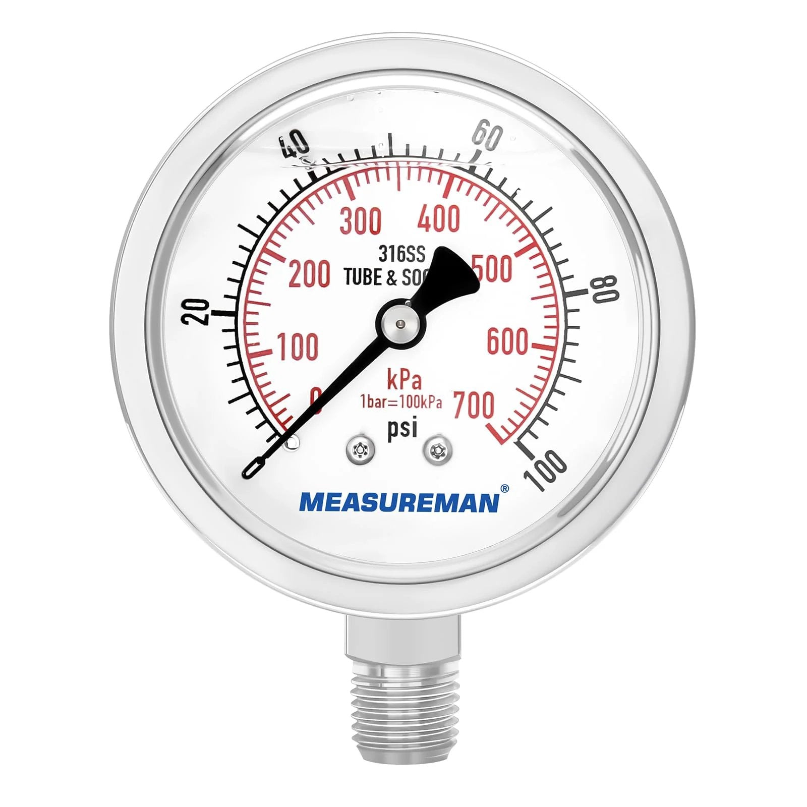 Front view of Stainless Steel Hydraulic Pressure Gauge 0 To 100 Psi Quarter Inch NPT Glycerin Filled 2.5 Inch Dial Lower Mount 316 Stainless Steel Body Fully Stainless For Gas And Fluid Systems.