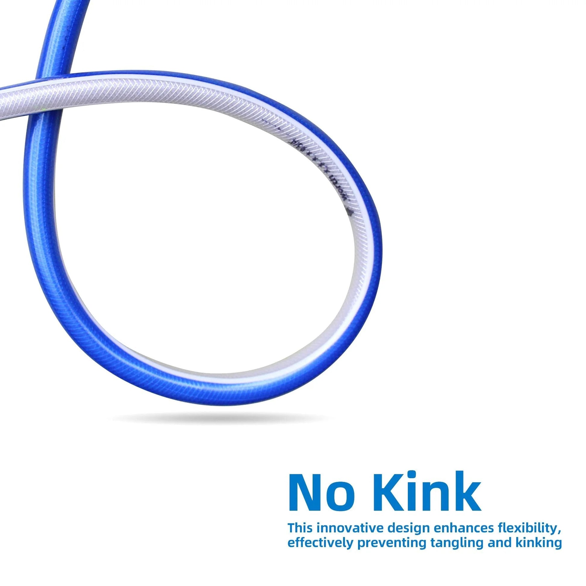 Close-up of the flexible design of a Three Quarters Inch Fifteen Foot No Kink Garden Hose, showing kink-prevention feature.