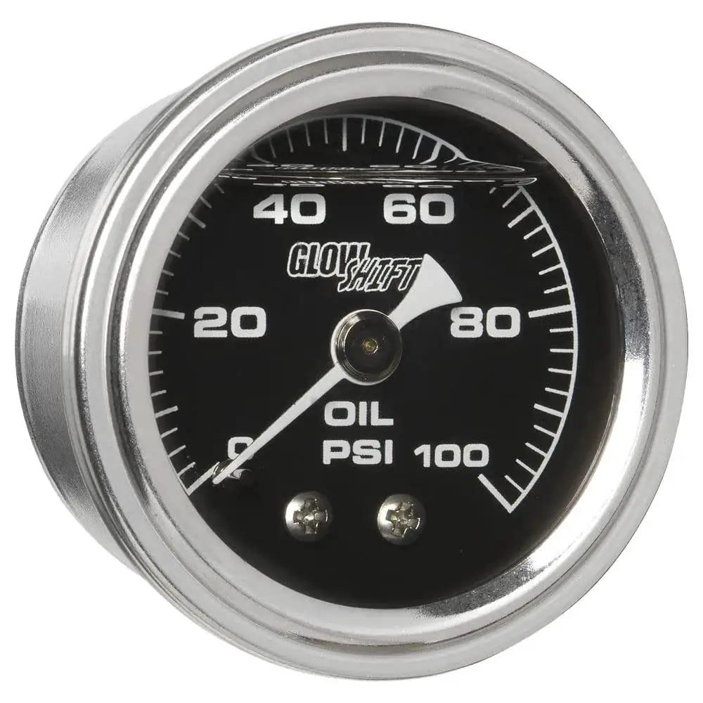 Liquid Filled Mechanical Oil Pressure Gauge 0 to 100 Psi with 1-1/2 inch black dial and white needle close-up view