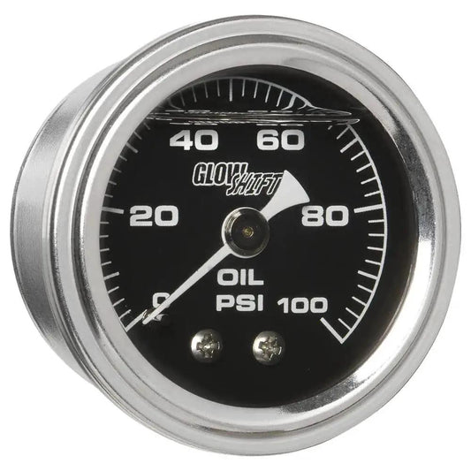 Liquid Filled Mechanical Oil Pressure Gauge 0 to 100 Psi with 1-1/2 inch black dial and white needle close-up view