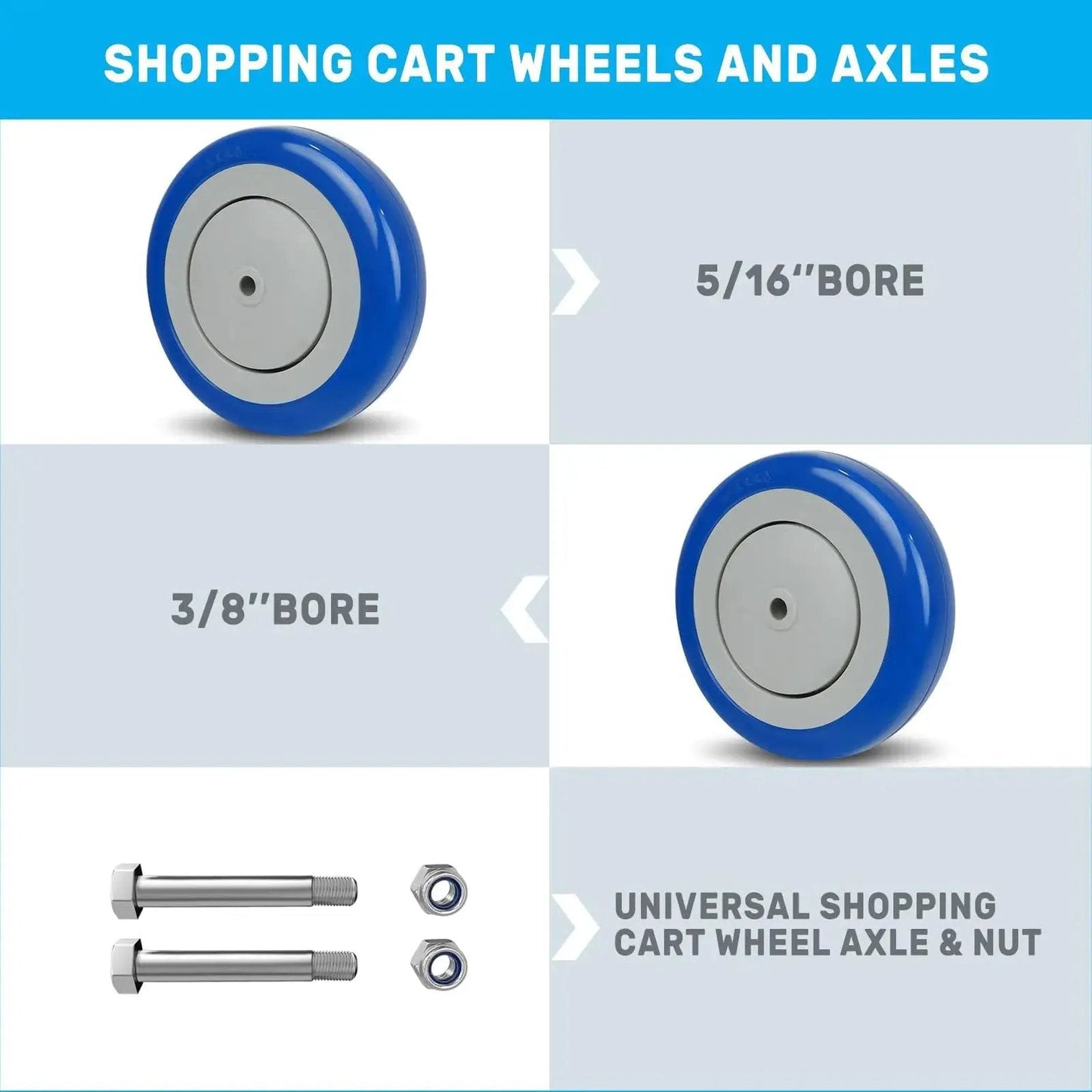 Image showing Five Inch Shopping Cart Wheel Set With Dual Precision Bearings And Polyurethane Tread Blue Crown Four Replacement Wheels with axles.