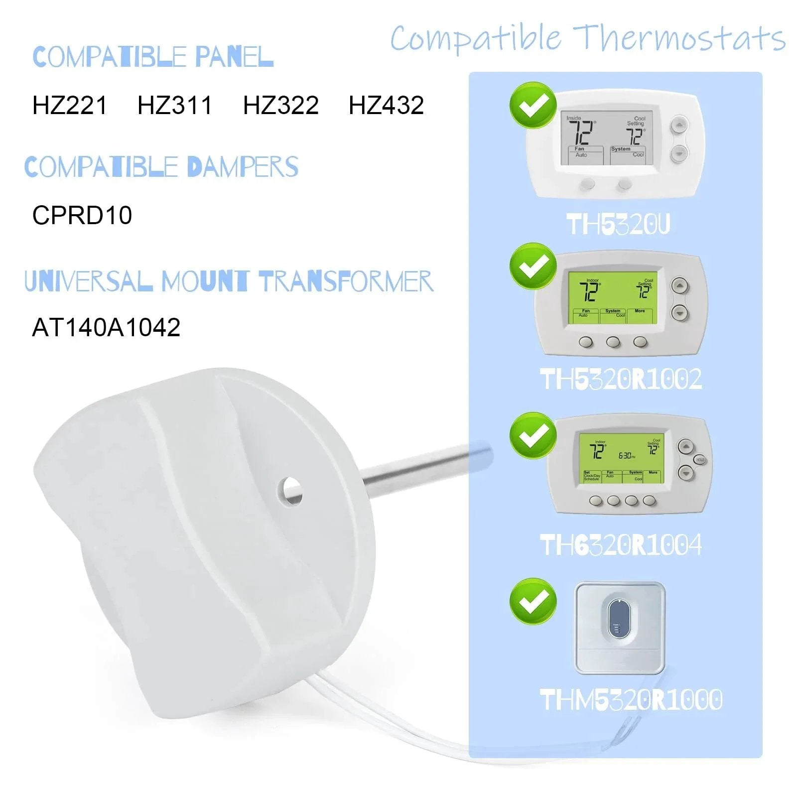 Honeywell Discharge Air Temperature Sensor C7735A1000 with compatible thermostats and panels shown in image.
