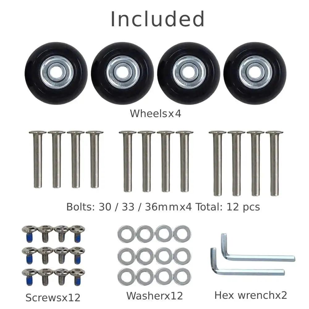 Luggage Wheels Replacement Set Of 4, 40mm X 18mm Universal Fit For Suitcases And Carts, with bolts, screws, washers, and hex wrenches