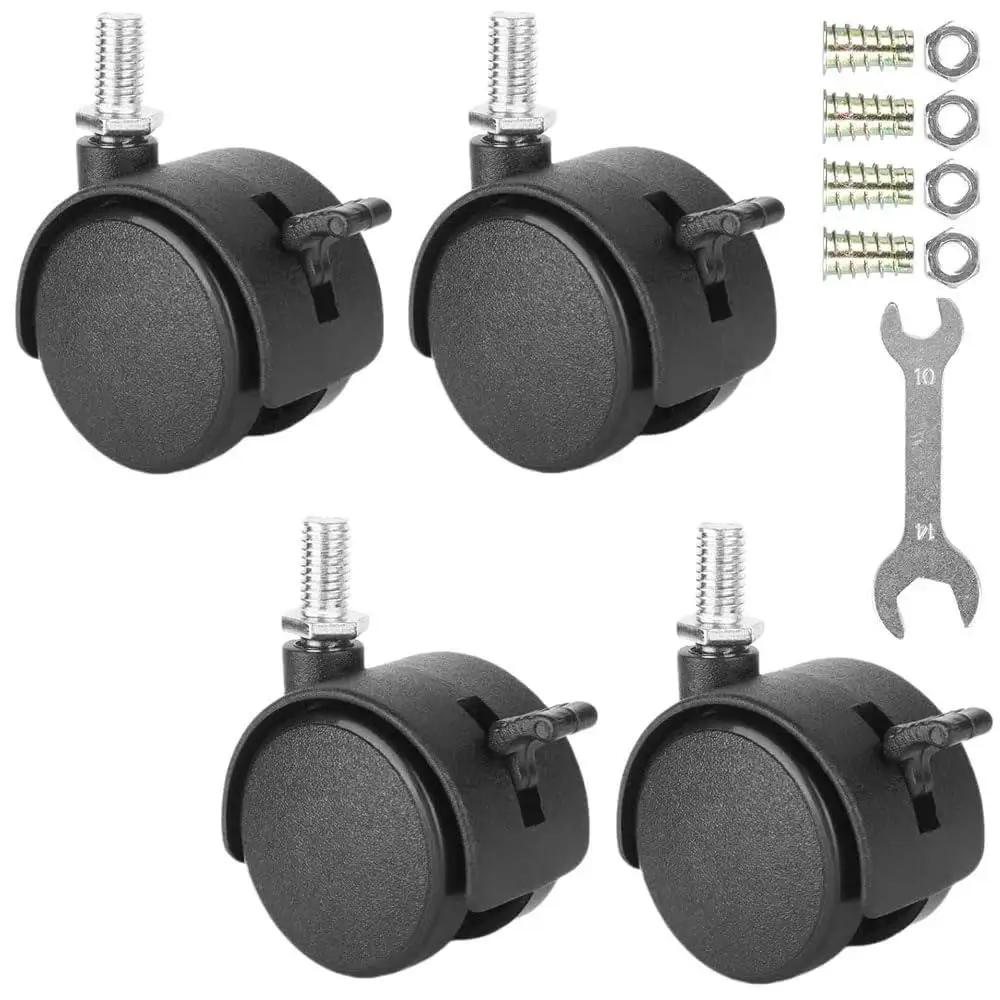 Swivel Caster Wheels 4 Pack With Black Nylon Wheels And M8 Threaded Stem 15kg Load Capacity Per Wheel Heavy Duty Swivel Casters For Furniture Tables Cabinets And Shelves 1.5 Inch Stem With Brake, shown with mounting hardware and wrench