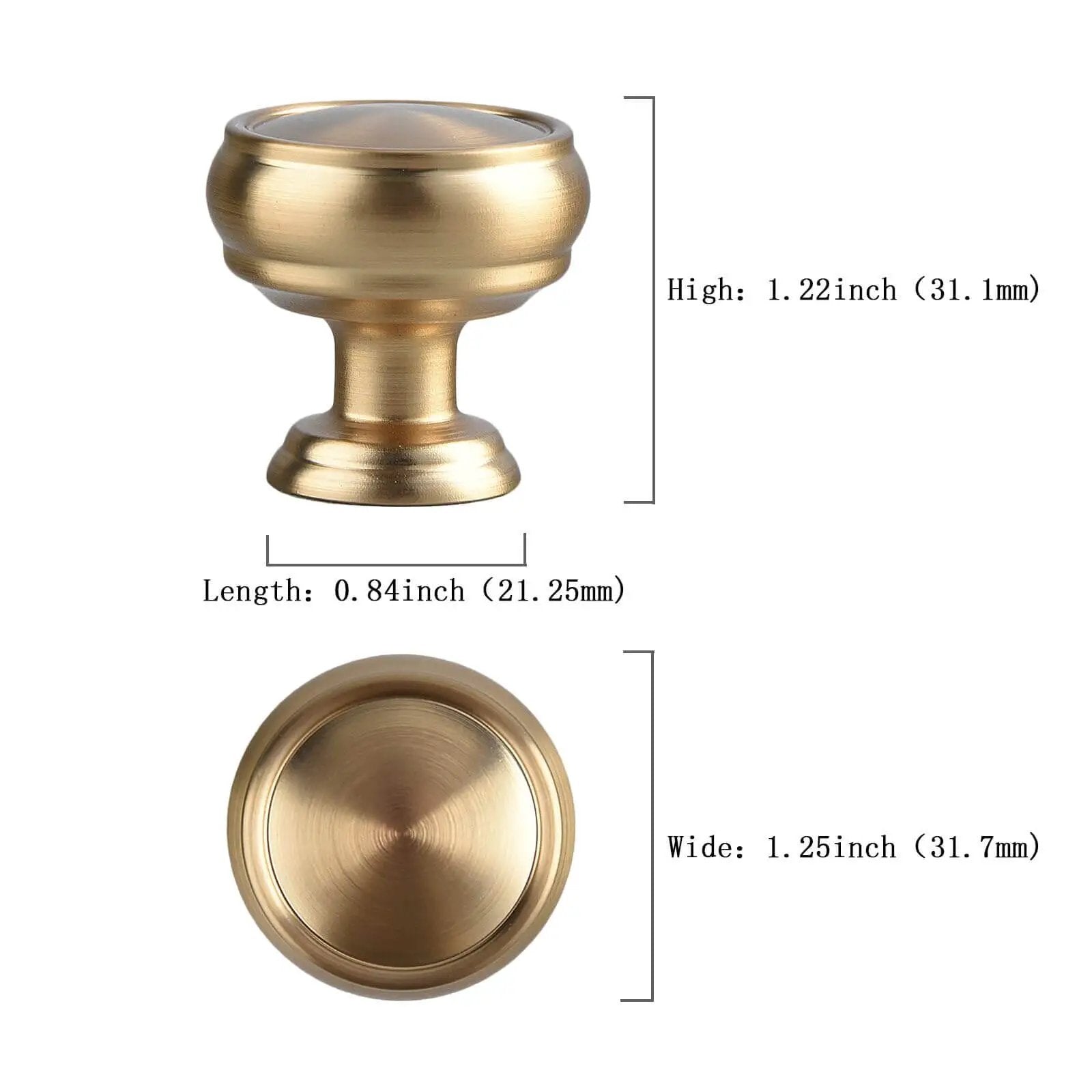 Champagne Bronze Cabinet Knobs Set Of 10 For Kitchen And Furniture, One And A Quarter Inch Single Hole Zinc Alloy Knobs dimensions view