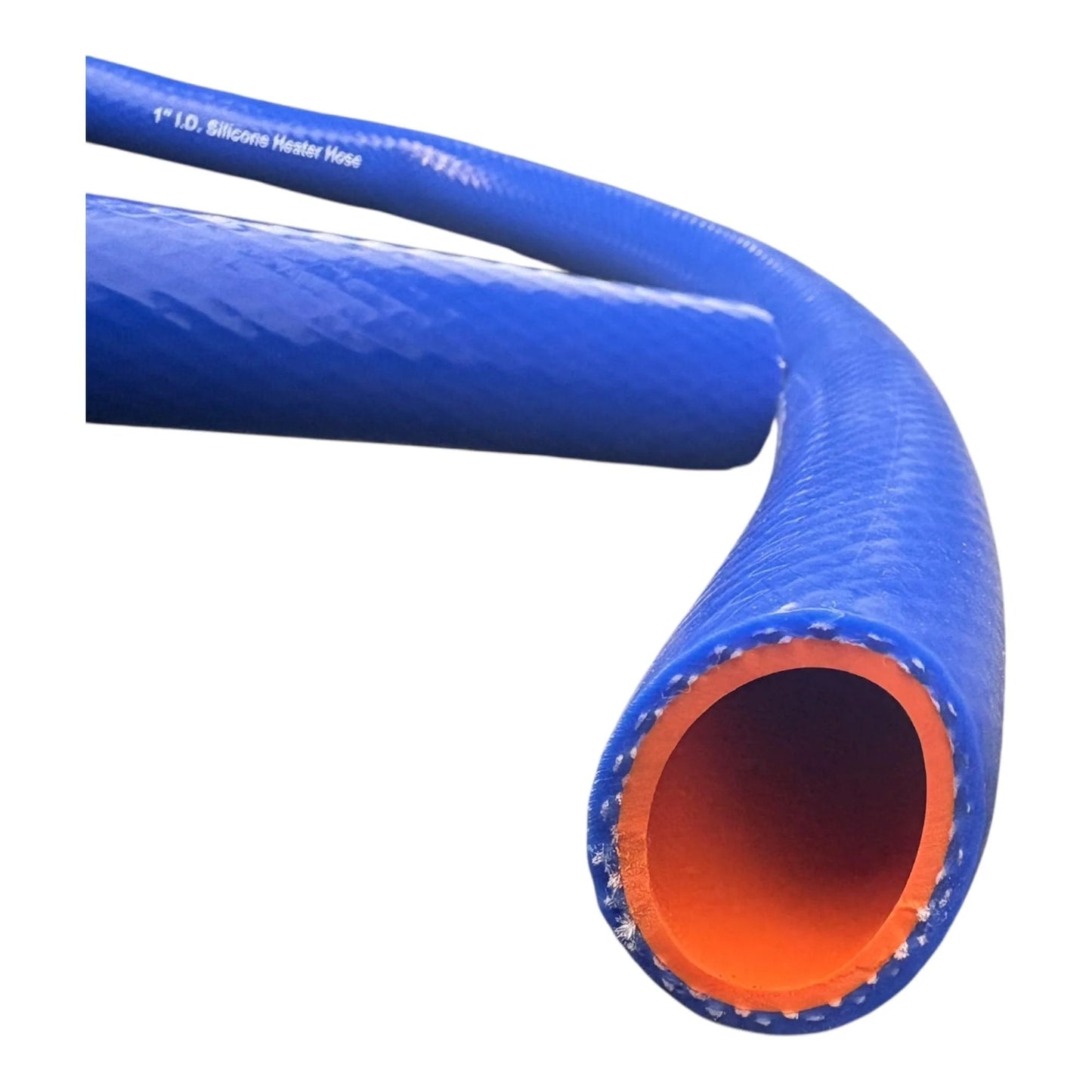 Close-up of blue and orange One Inch Silicone Heater Hose Five Foot Roll High Temperature Flexible Durable Automotive And Industrial Hose Ideal For Engine Cooling Radiator Lines Turbo Intercooler And Heavy Duty Applications.