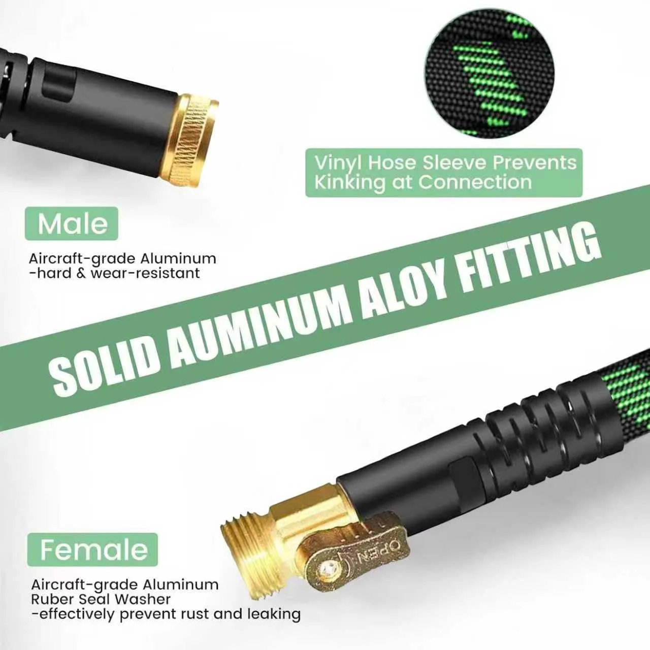 Non Expanding Garden Hose With Jet Nozzle, Ultra Lightweight Fabric Hybrid Water Hose, Tough As Nails Brass Connectors