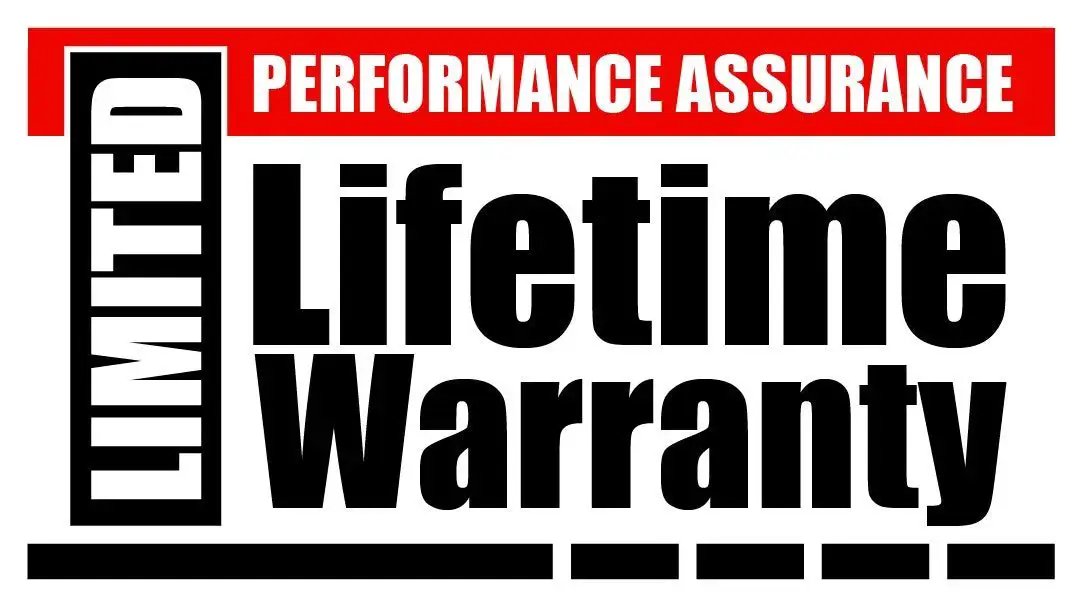 Limited lifetime warranty logo with performance assurance text in black and red.