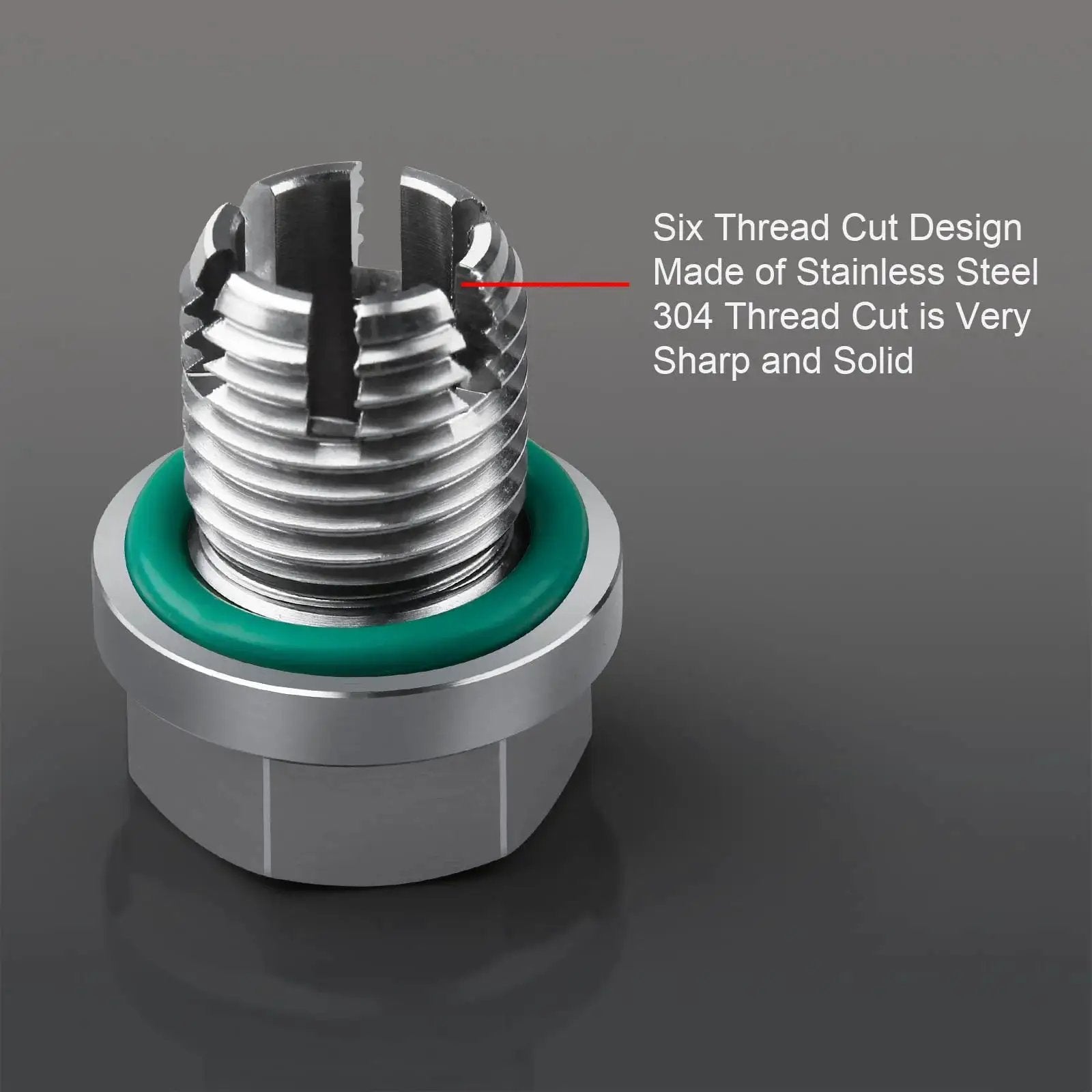 Oversize Piggyback M14.1-1.5 x 15mm Stainless Steel Oil Drain Plug Kit for Oil Pan Thread Repair Self-Tapping close-up.