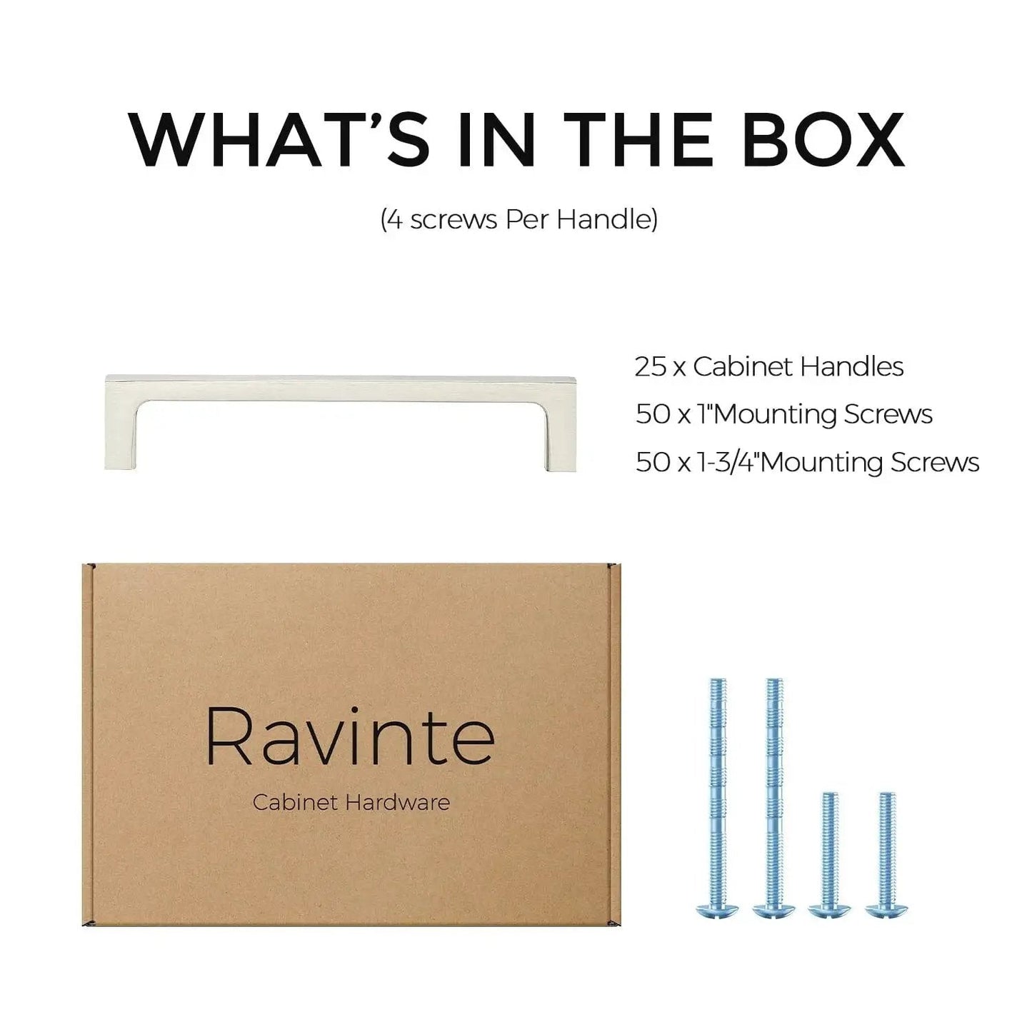 25 Pack Solid 5 Inch Square Kitchen Cabinet Handles in Brushed Nickel Pulls, box with handles and screws, packaging contents