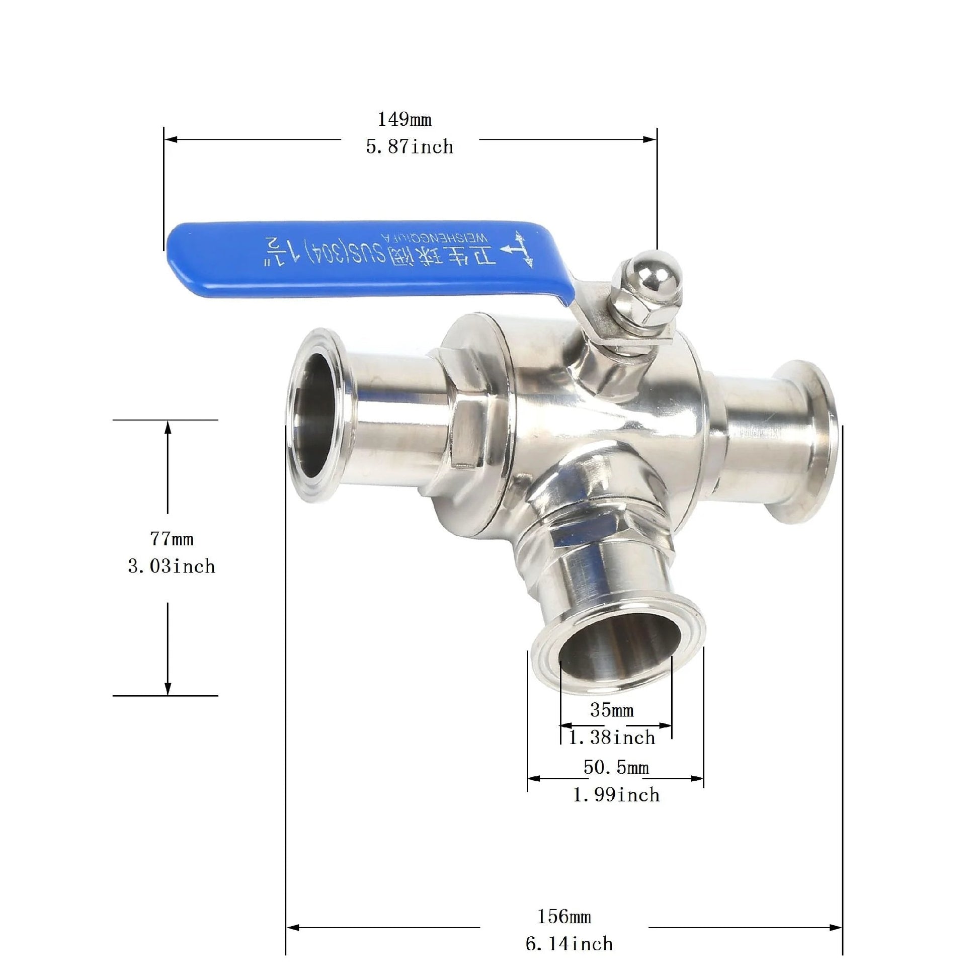 One And A Half Inch Tri Clamp Sanitary Ball Valve With T Port Three Way 304 Stainless Steel PTFE Lined Food Grade QiiMii