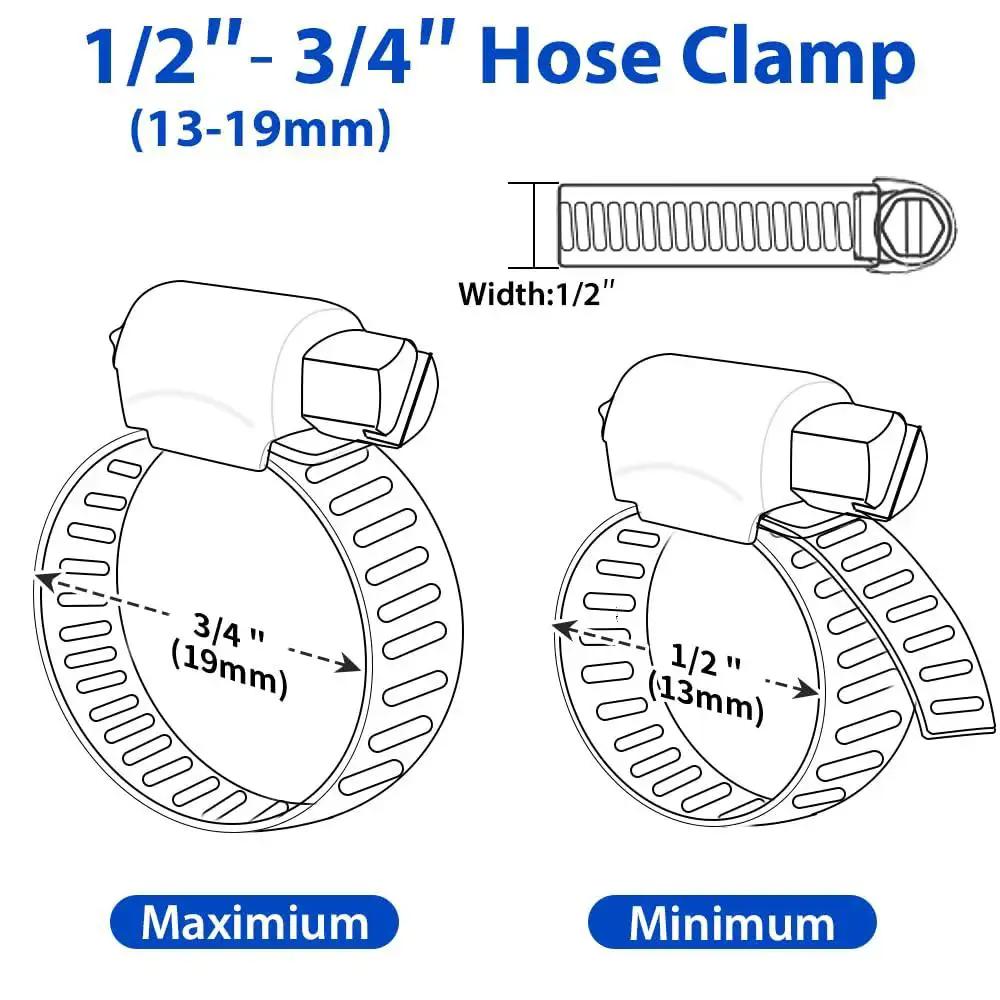 Hose Clamps 10 Pack Stainless Steel Adjustable Worm Gear Clamps 1/2 To 3/4 Inch sizing diagram