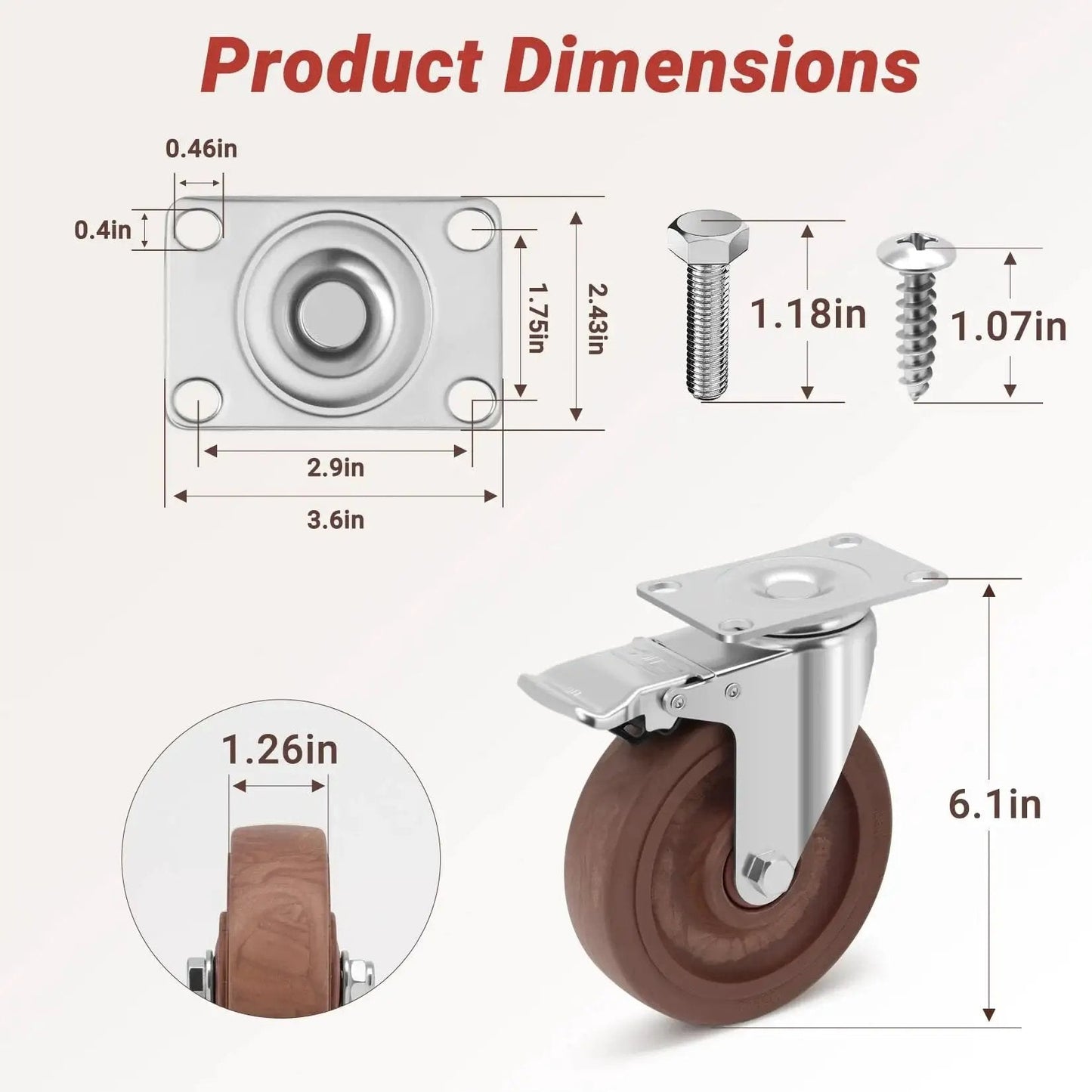 5 Inch Heavy Duty Casters Set Of 4 With Brakes 2400 Lbs Capacity High Temperature Glass Filled Nylon Wheels For Workbenches and Industrial Carts Heat Resistant From Minus 40 F To 475 F Durable Castors dimensions