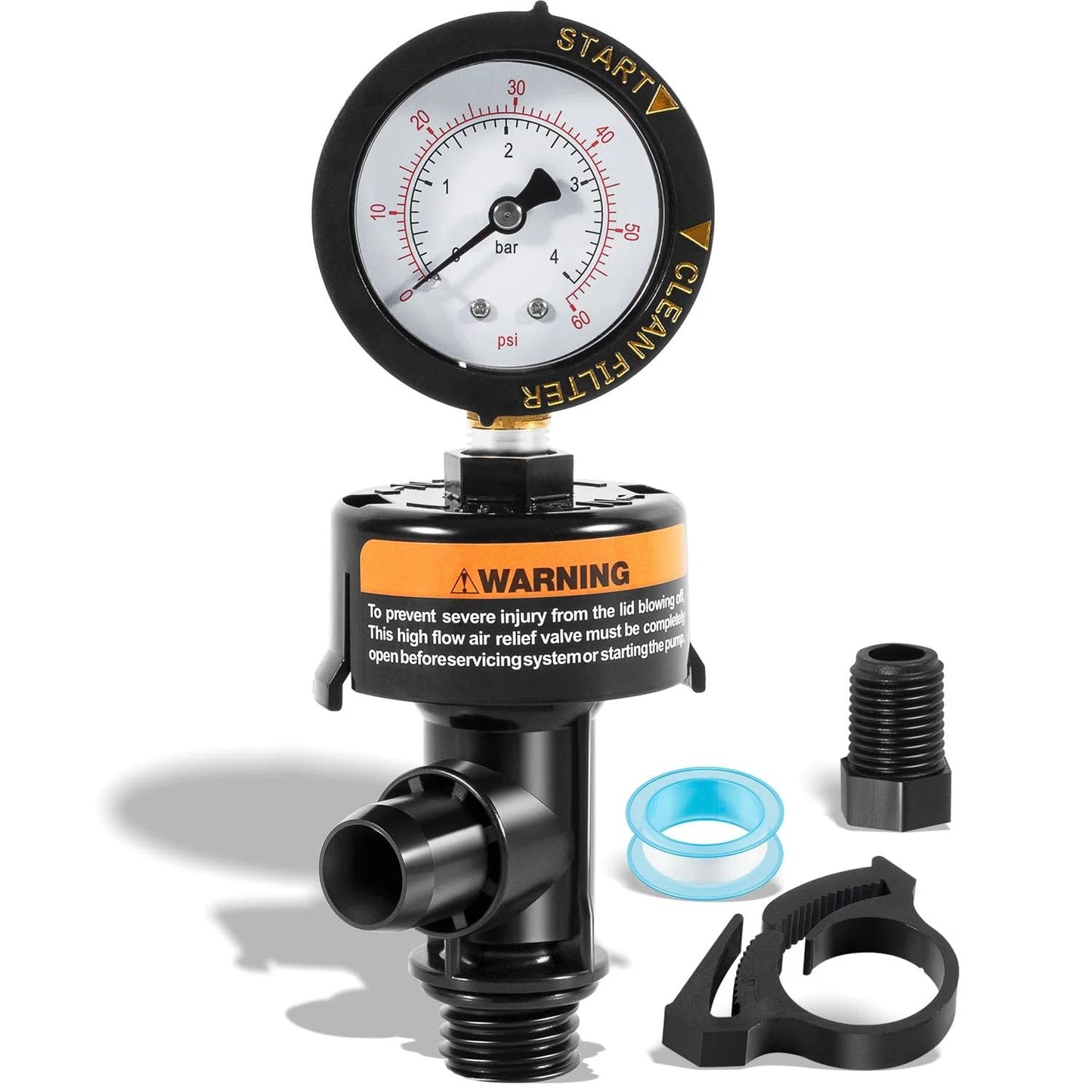 High Flow Manual Air Relief Valve With Pressure Gauge Top Mount Replacement For Pool And Spa Filters Fits Pentair FNS And Clean And Clear Series EasyClean Warrior Predator Models showing close-up of components