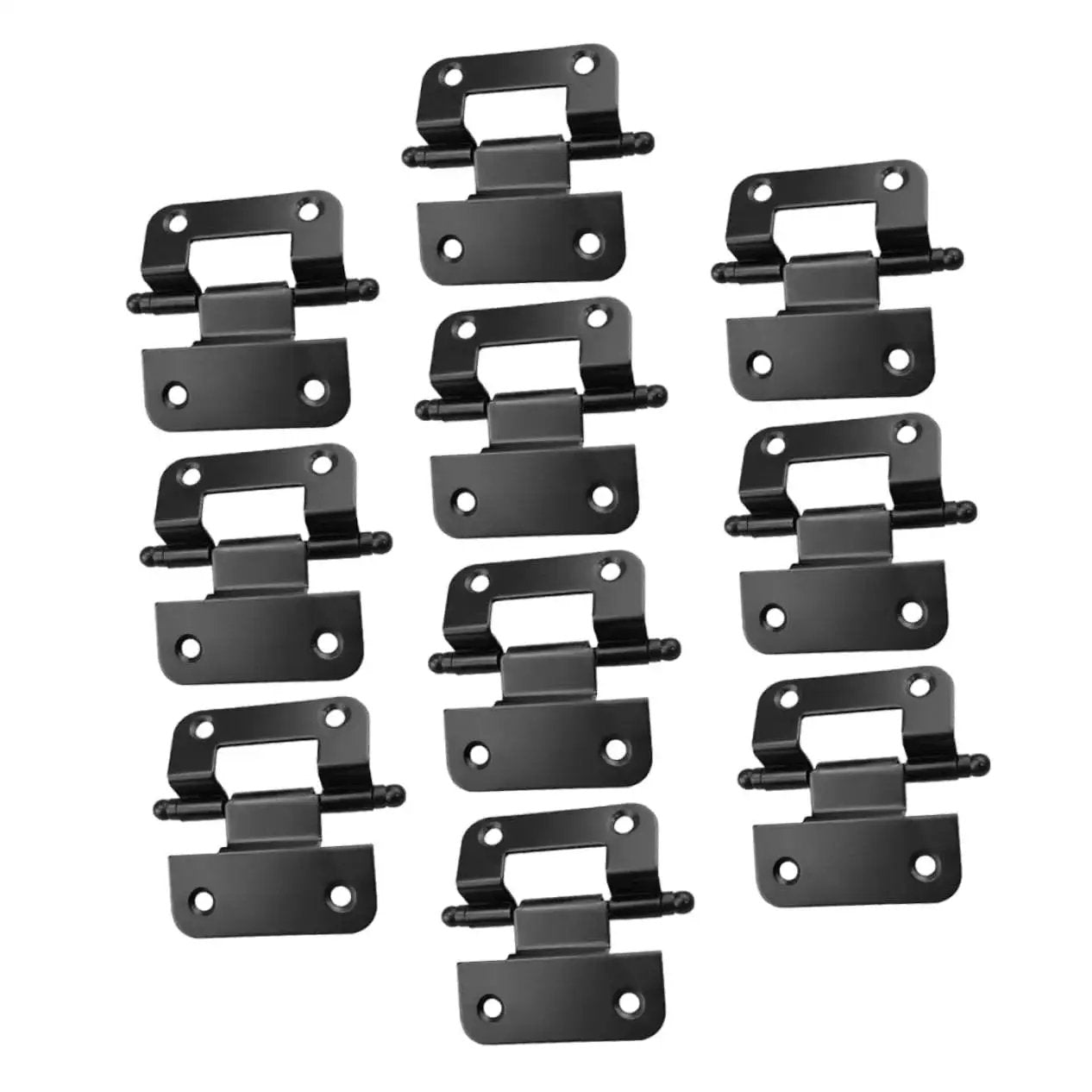 Set of 10 black heavy duty cabinet door hinges, made of durable iron, smooth surface, high load bearing capacity for kitchen and bathroom doors.