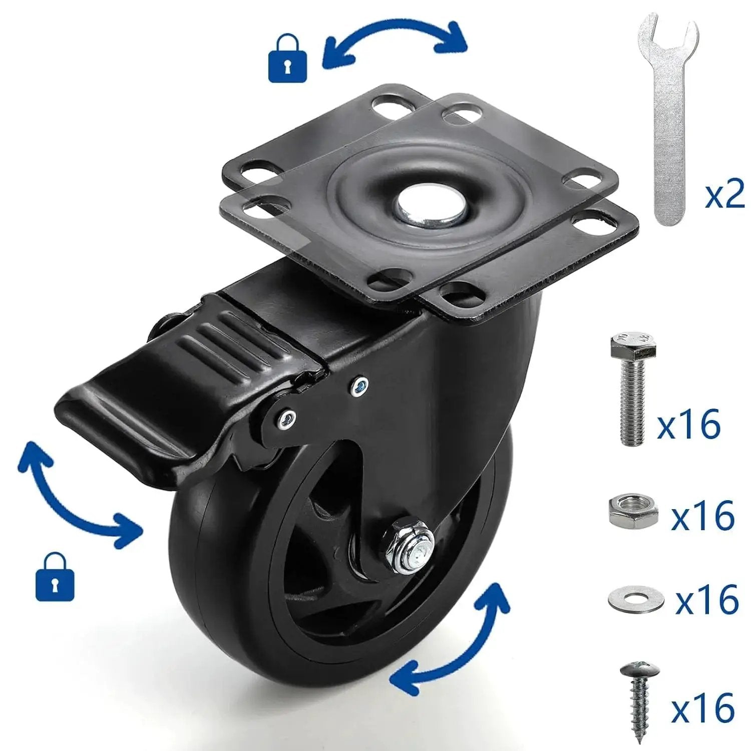 Four Inch Heavy Duty Swivel Plate Caster Wheels With Brake And 360 Degree Dual Locking for Cart Furniture and Workbench No Noise PVC Wheel
