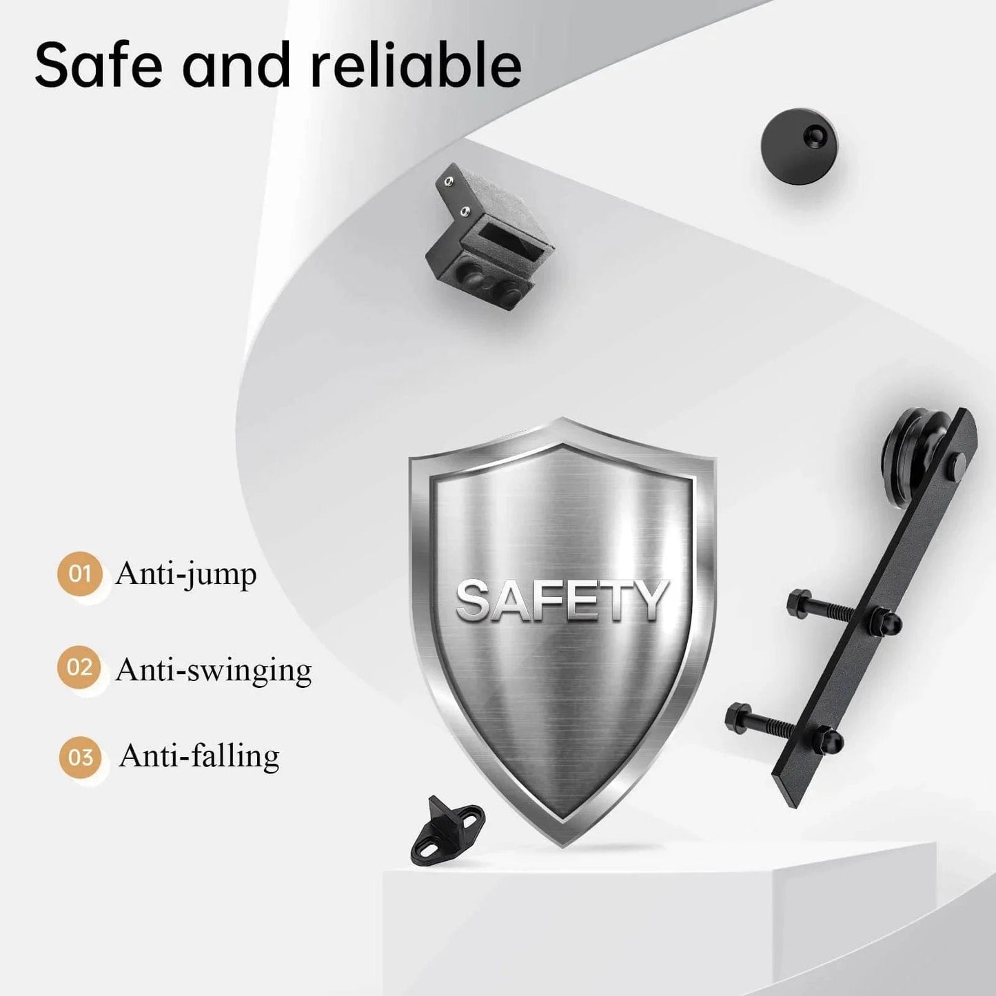 Safety features of 10 FT Heavy Duty Sliding Barn Door Hardware Track Kit,Straight Pulley,Slide Smoothly Quietly,Easy Install shown.