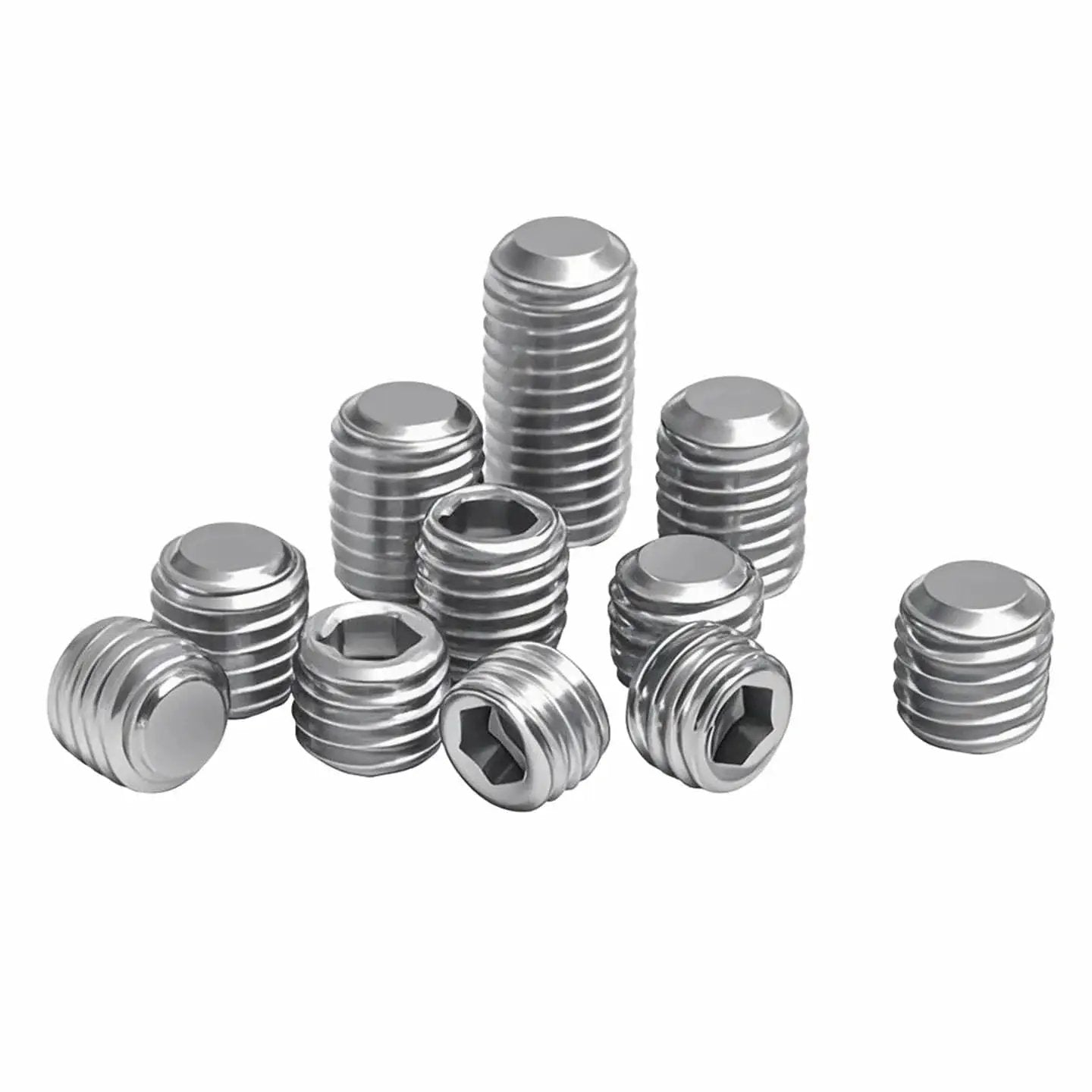 Fine Thread Stainless Steel Hex Socket Screws Flat Point Grub Screws M6 To M16, assorted sizes, hexagonal socket visible