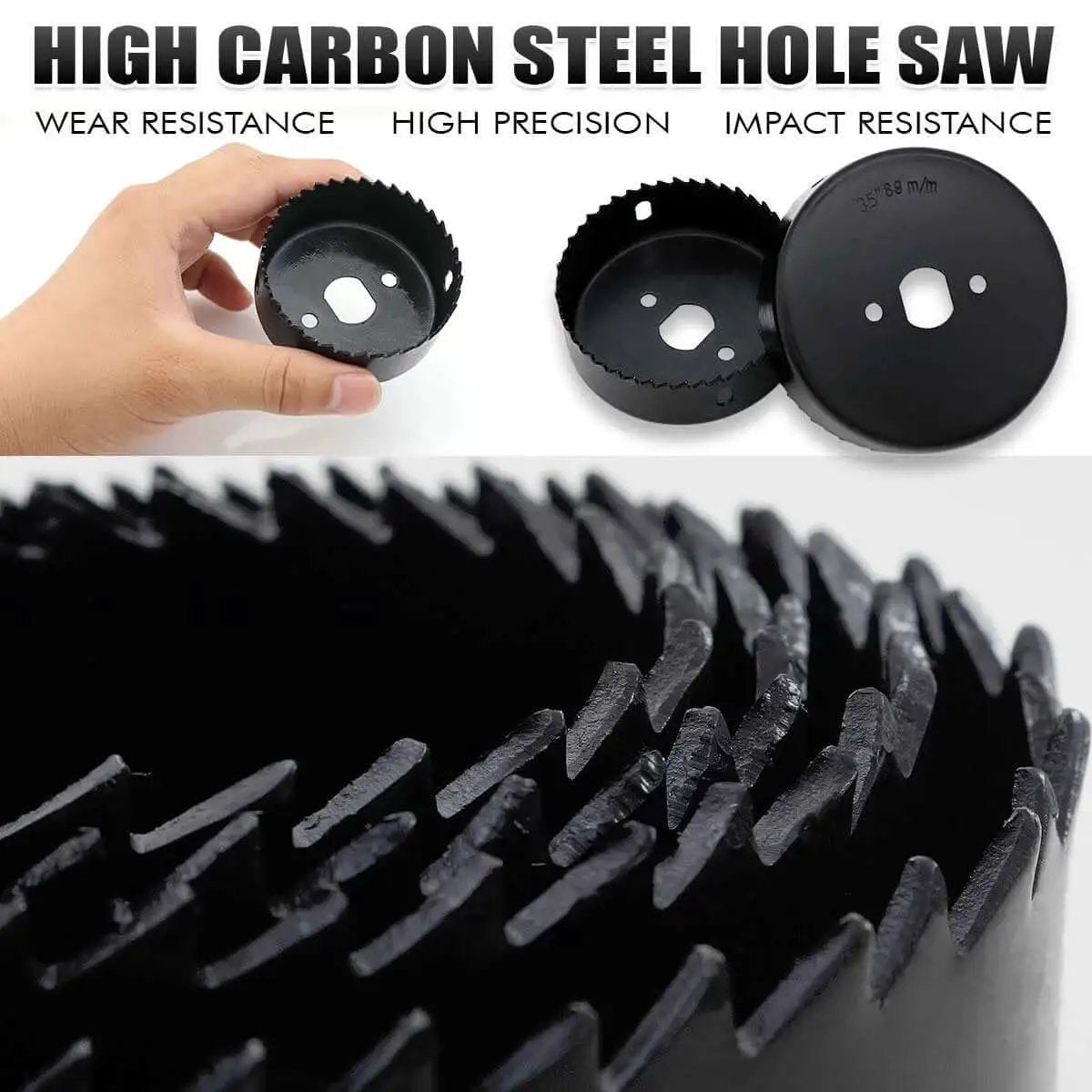 22 Piece Hole Saw Kit For Fast Clean Cuts From Three Quarters Of An Inch To Five Inches with carbon steel blades displayed