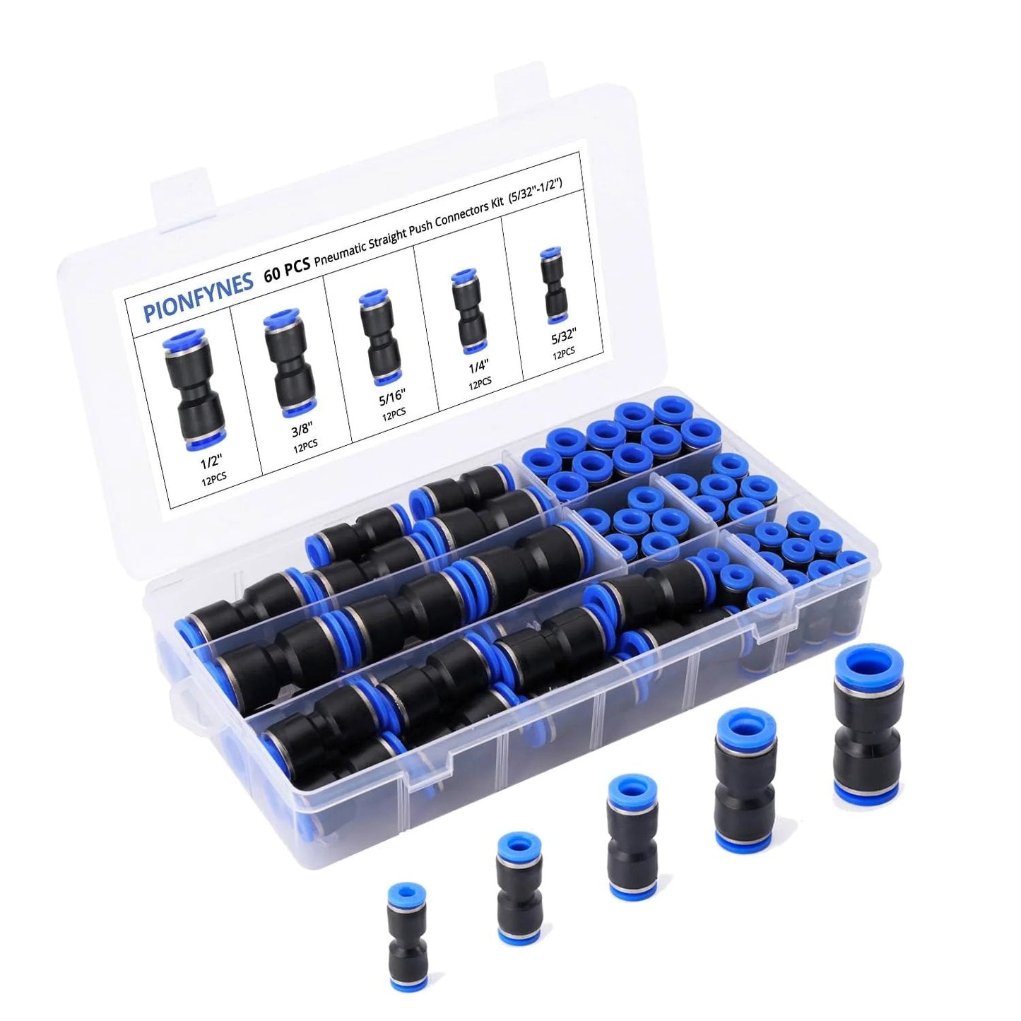 60 Piece Pro Grade Quick Connect Air Hose Fittings Kit With Plastic Push To Connect Fittings In Five Sizes Five Thirty Seconds Inch One Quarter Inch Five Sixteenths Inch Three Eighths Inch And One Half Inch For Easy Tool And Air Compressor Tubing