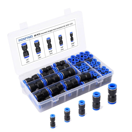 60 Piece Pro Grade Quick Connect Air Hose Fittings Kit With Plastic Push To Connect Fittings In Five Sizes Five Thirty Seconds Inch One Quarter Inch Five Sixteenths Inch Three Eighths Inch And One Half Inch For Easy Tool And Air Compressor Tubing