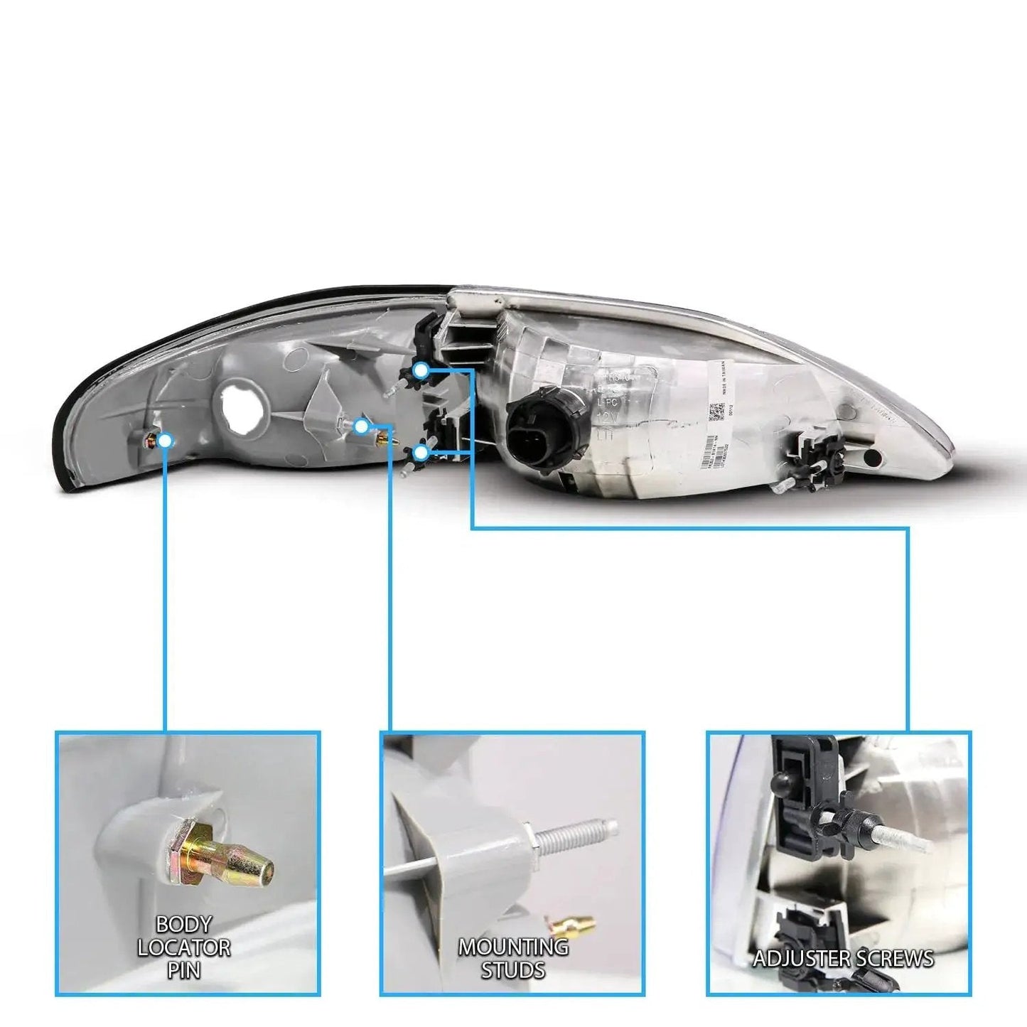 Replacement Headlights For 1994 1998 Ford Mustang Gun Metal Corner Turn Signal Set Direct Fit Driver And Passenger Side Dot SAE Approved Easy Plug And Play OEM Replacement AmeriLite, rear view showing body locator pin and mounting components.