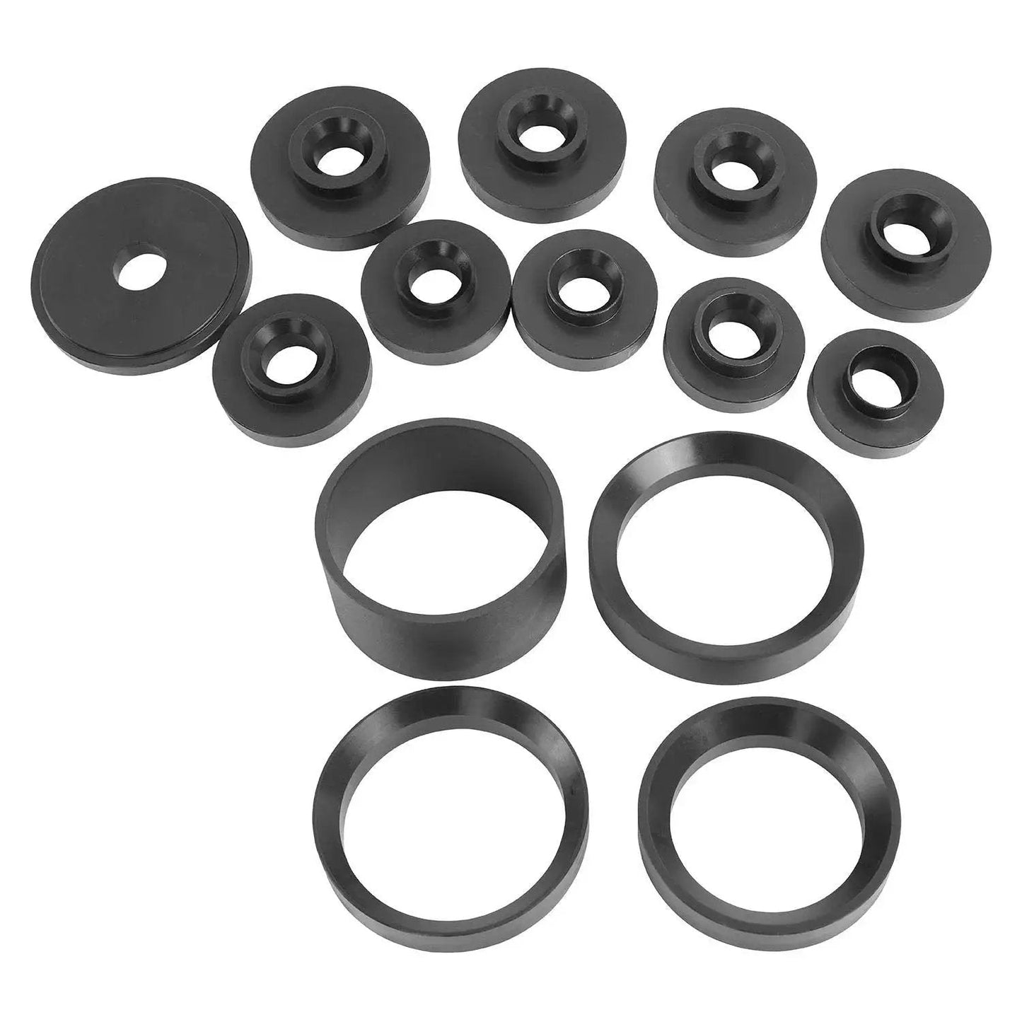 Master Wheel Bearing Removal Tool And Installer Kit With Self-Centering Design components laid out, showing circular and ring adapters.