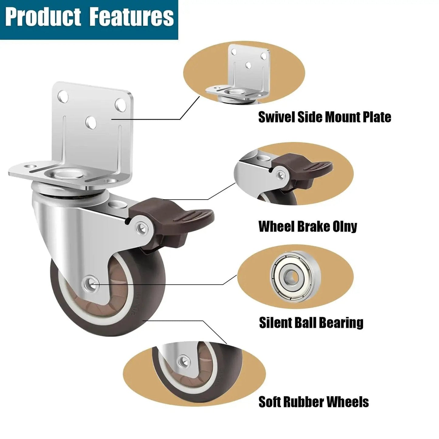 Side Mount L Shaped Plate 2 Inch Rubber Casters Set Of 4 With 2 Swivel And 2 Brakes Heavy Duty Low Profile Casters product features