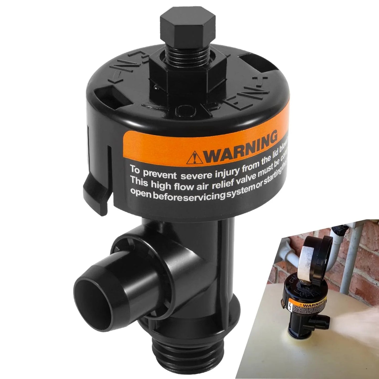 High Flow Manual Air Relief Valve Replacement 98209803 for pool and spa filter systems showing product and installed view