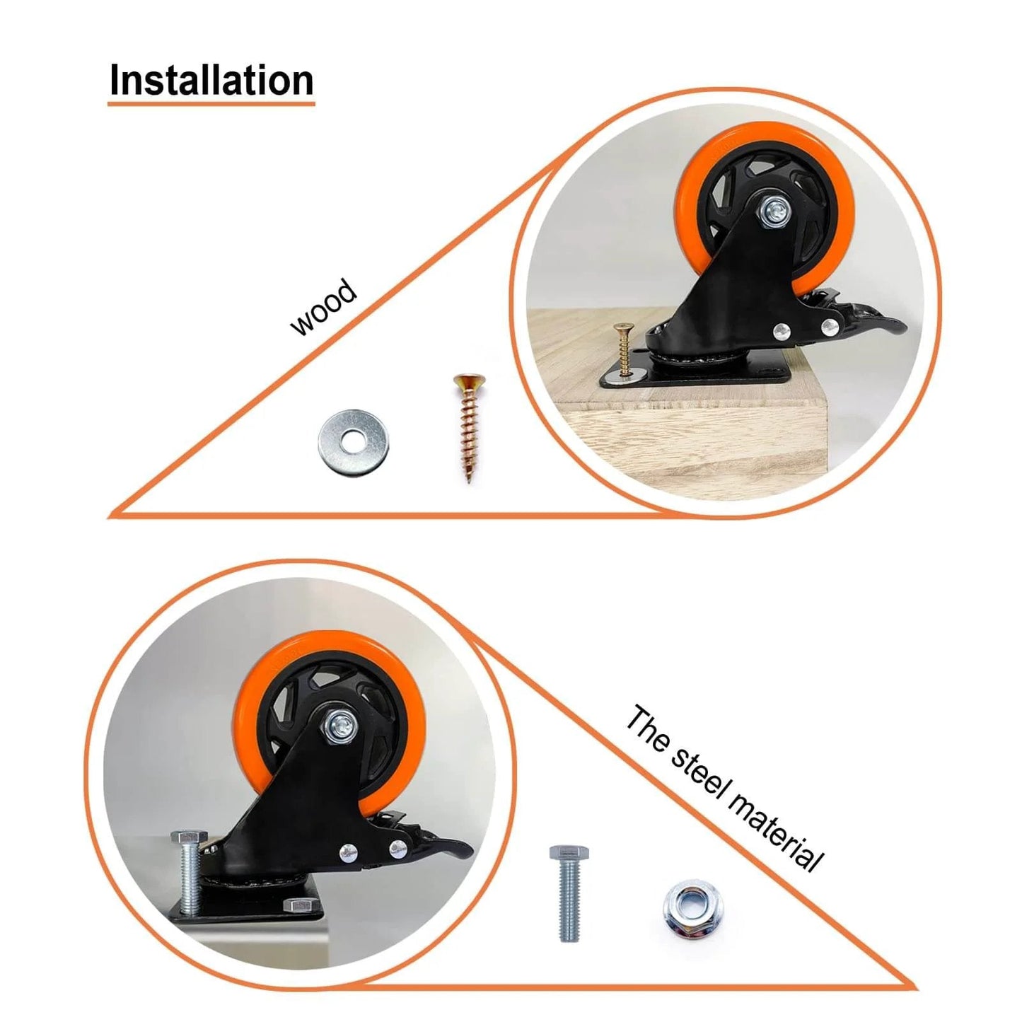 4" Caster Wheels, Heavy Duty Set of 4 - Orange Polyurethane Top Plate Swivel Casters, Industrial 4-Pack with Brake, Locking Wheels for Furniture and Workbench installation guide.