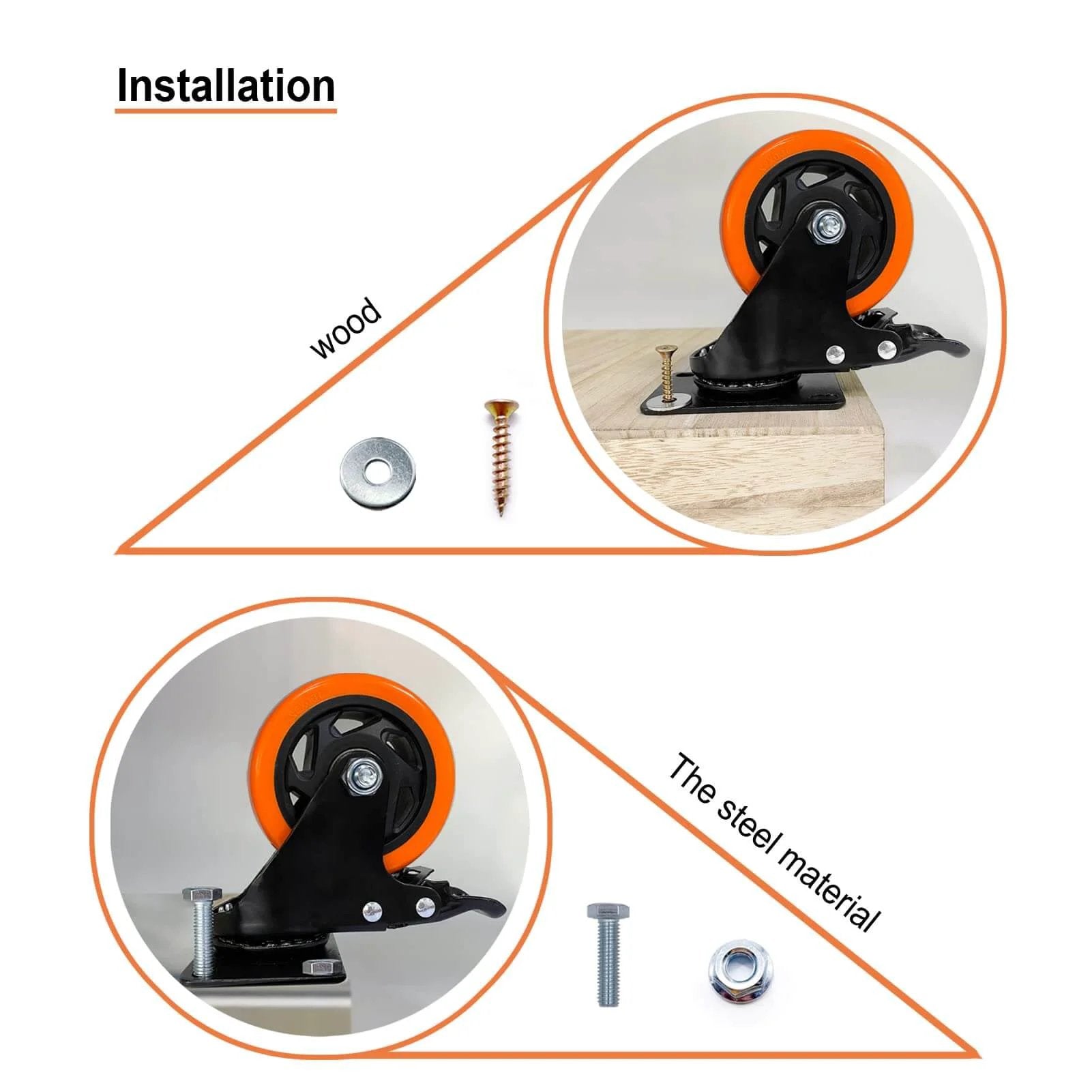4" Caster Wheels, Heavy Duty Set of 4 - Orange Polyurethane Top Plate Swivel Casters, Industrial 4-Pack with Brake, Locking Wheels for Furniture and Workbench installation guide.