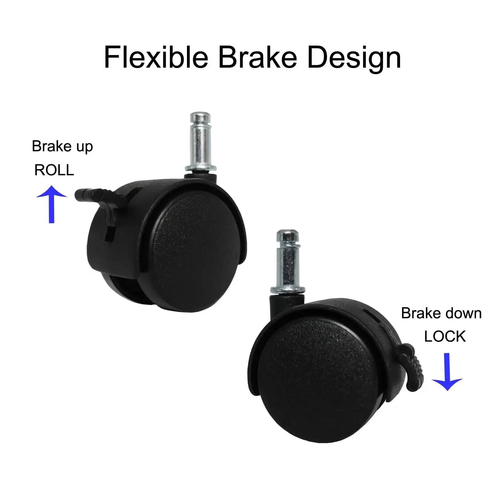 4 Pack 1.5 Inch Swivel Caster Wheels With Circlip Stem M8x20mm And Lockable Brakes, showing flexible brake design.