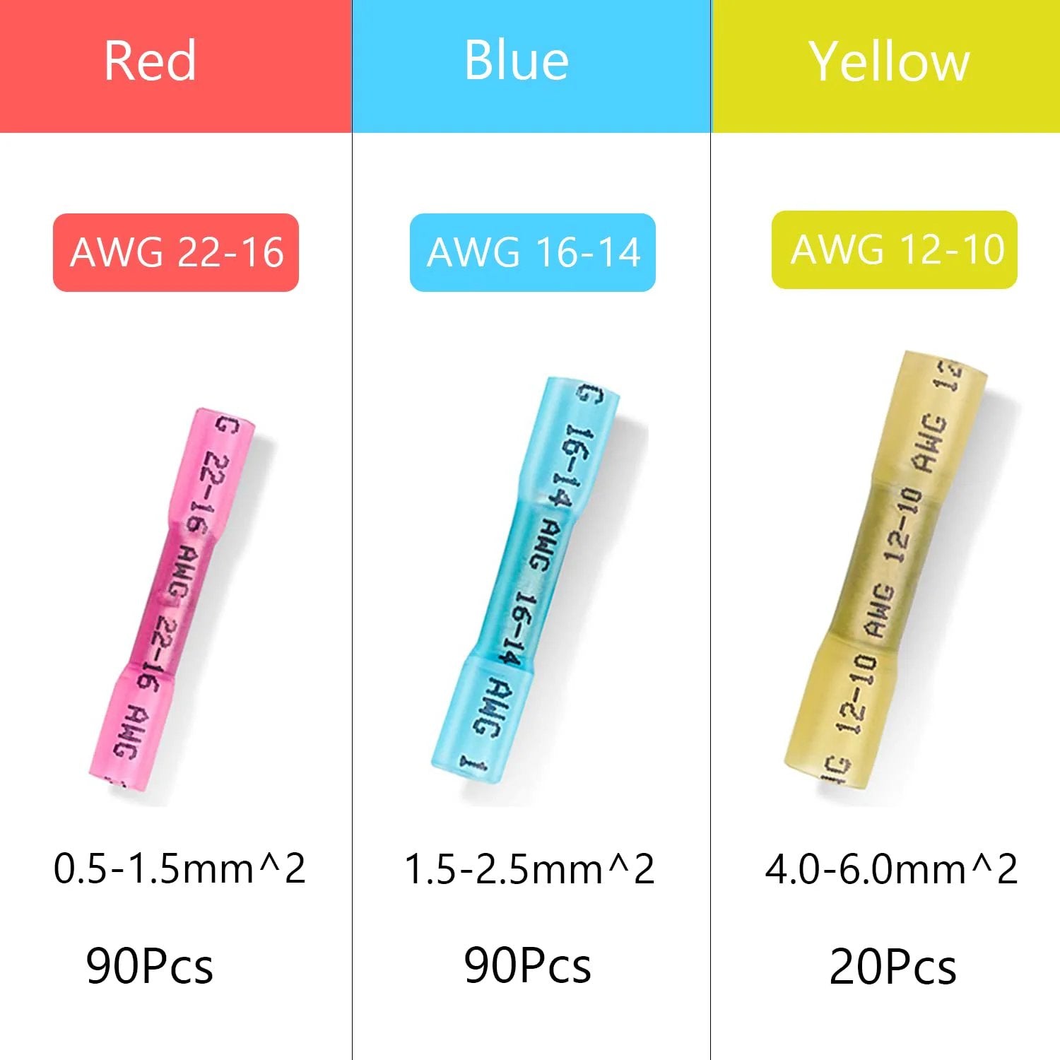 Heat Shrink Butt Connector Pack 200 Pieces Waterproof Crimp Electrical Wire Connectors For Automotive Marine And Home Wiring No Fuss Repair And Maintenance Durable Tinned Copper Pro Grade Butt Splice Terminals, sizes and colors displayed.