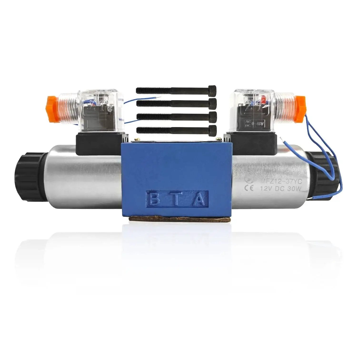 Electric Hydraulic Directional Control Solenoid Valve 12V DC D03 NG6 21 GPM 4560 PSI front view with 30W DC coil