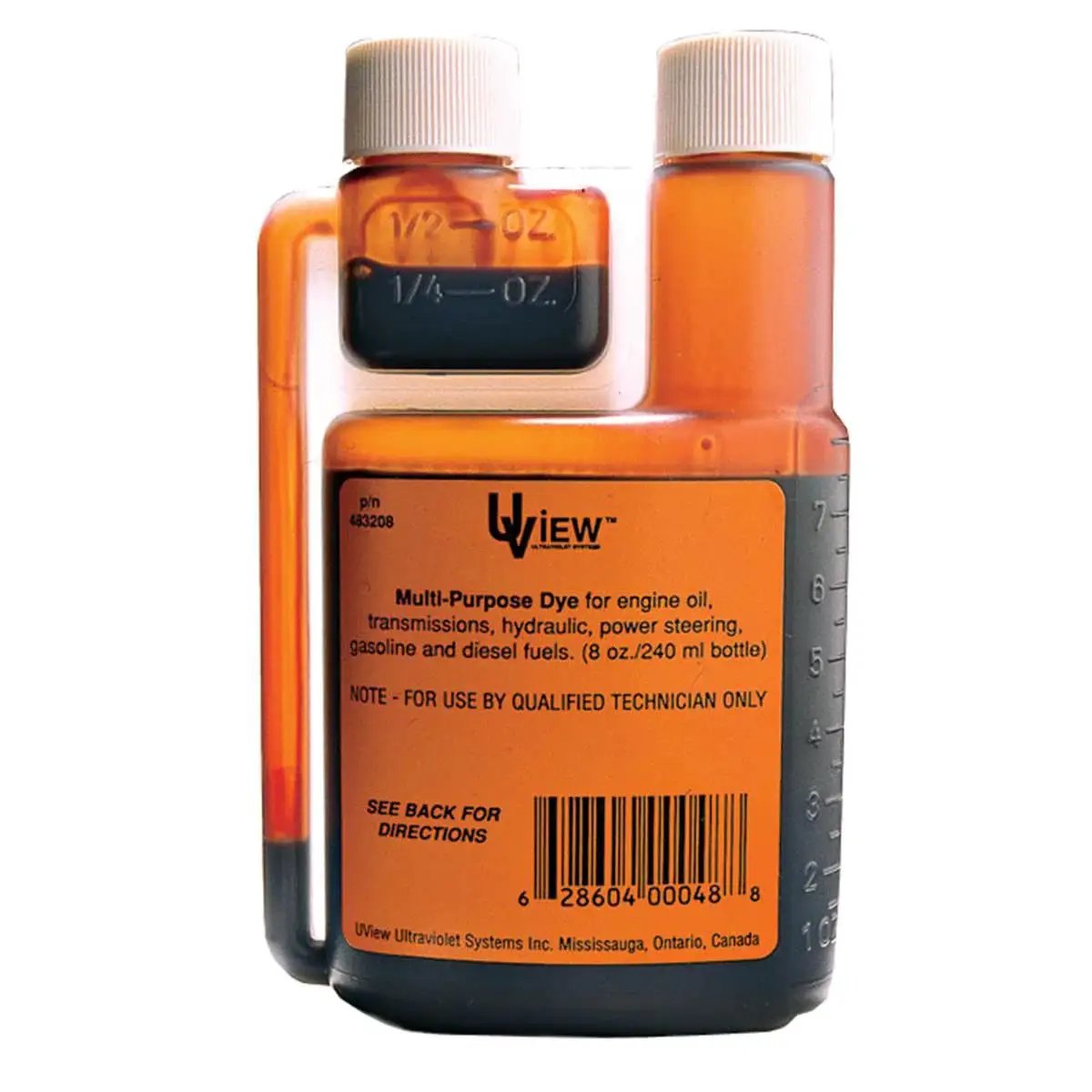 Multi-Purpose UV Dye For Leak Detection 8 Oz Bottle With Built In Measuring, front view showing measuring device and label