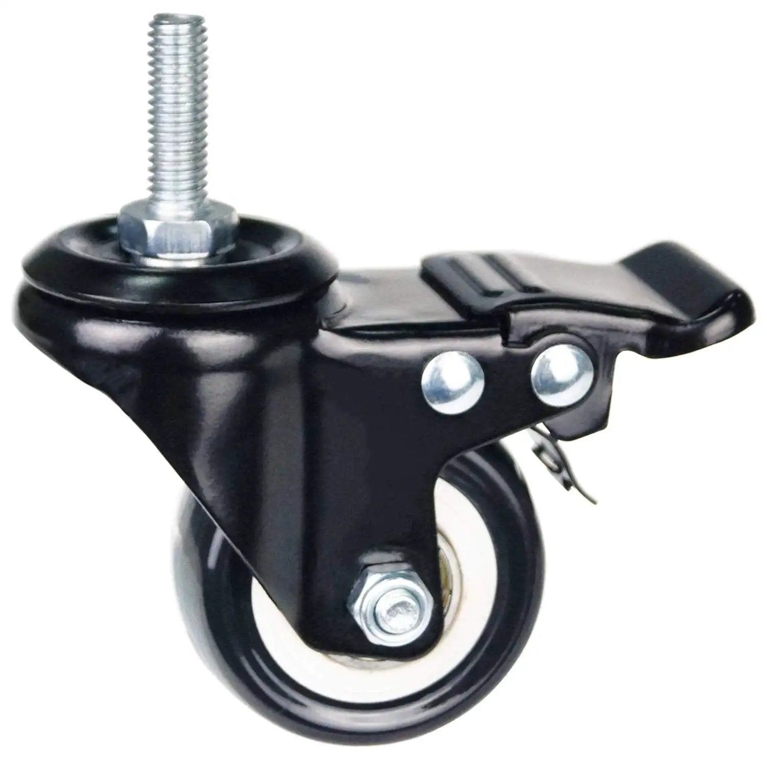 Close-up of 2 Inch Caster Wheels With M8x25mm Threaded Stem, 360 Degree Swivel, Double Brakes, Industrial Polyurethane Casters for DIY Tools