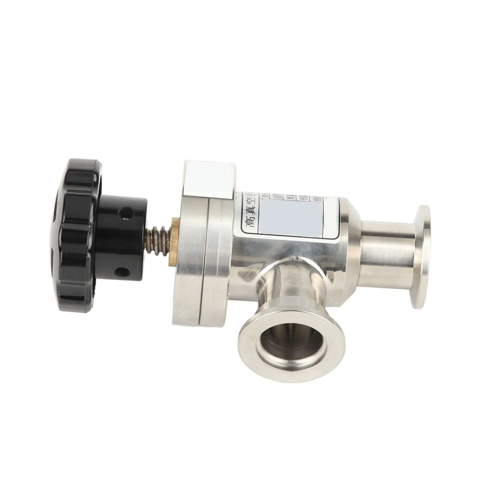 Side view of KF25 High Vacuum Manual Right Angle Bellows Isolation Valve In 304 Stainless Steel Pro Grade Build With Welded Bellows
