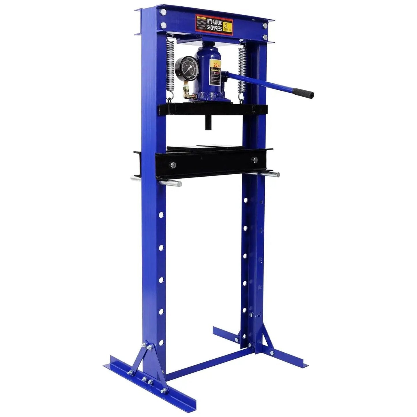 Front view of blue 20 Ton Hydraulic Floor Press With Gauge H Frame For Ball Joints And Bushings, featuring adjustable bed.