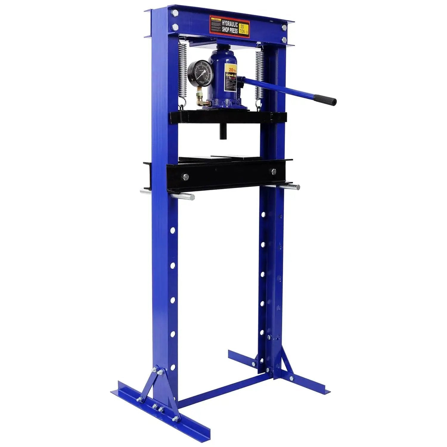 Front view of blue 20 Ton Hydraulic Floor Press With Gauge H Frame For Ball Joints And Bushings, featuring adjustable bed.