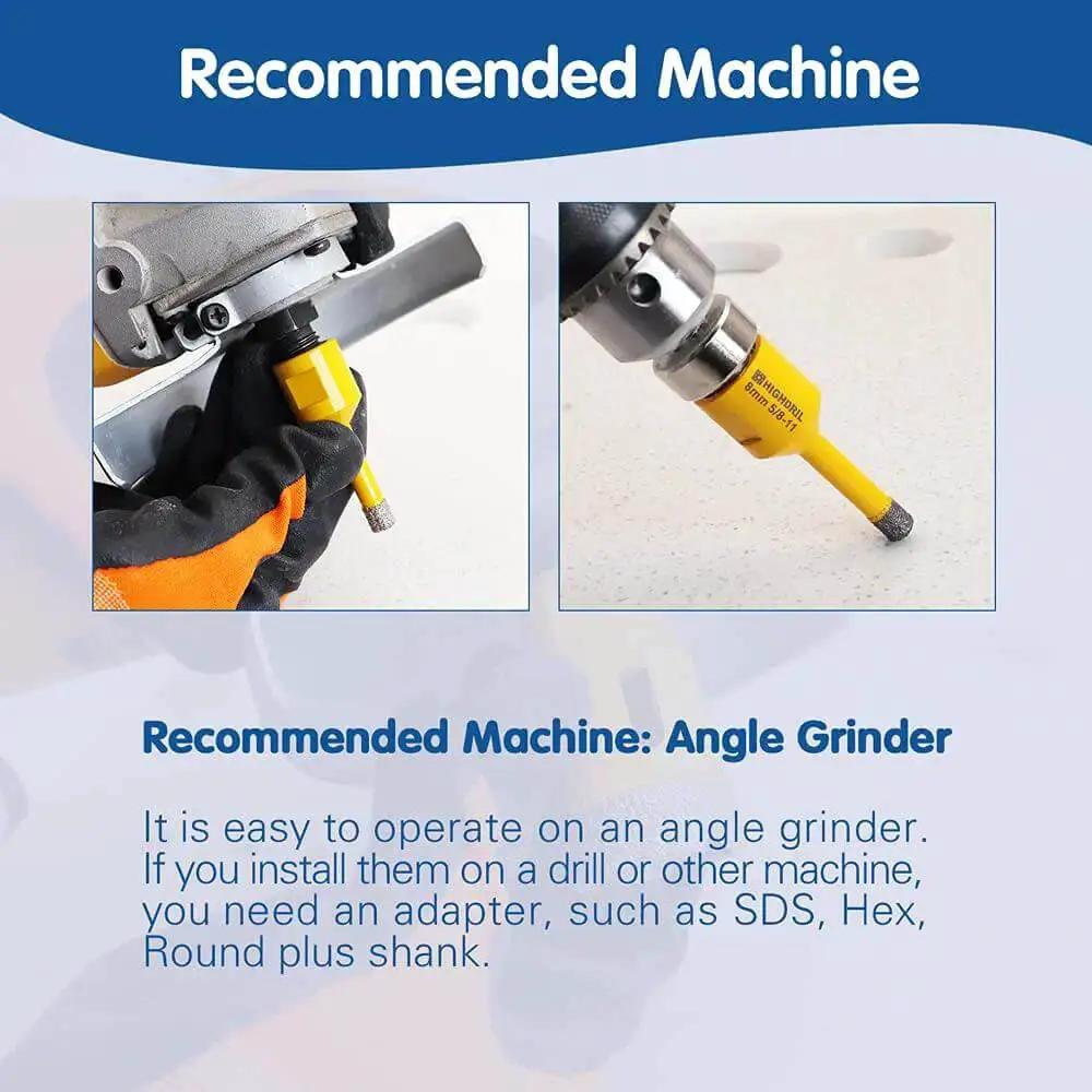 Diamond Core Drill Bit Set For Porcelain Tile Ceramic Granite Marble Dry Drilling With Vacuum Brazed Diamonds One Quarter Inch Diameter Six Millimeter Five Eighths Inch Thread Two Pack Heavy Duty And Faster Cuts in use with angle grinder, close-up view.