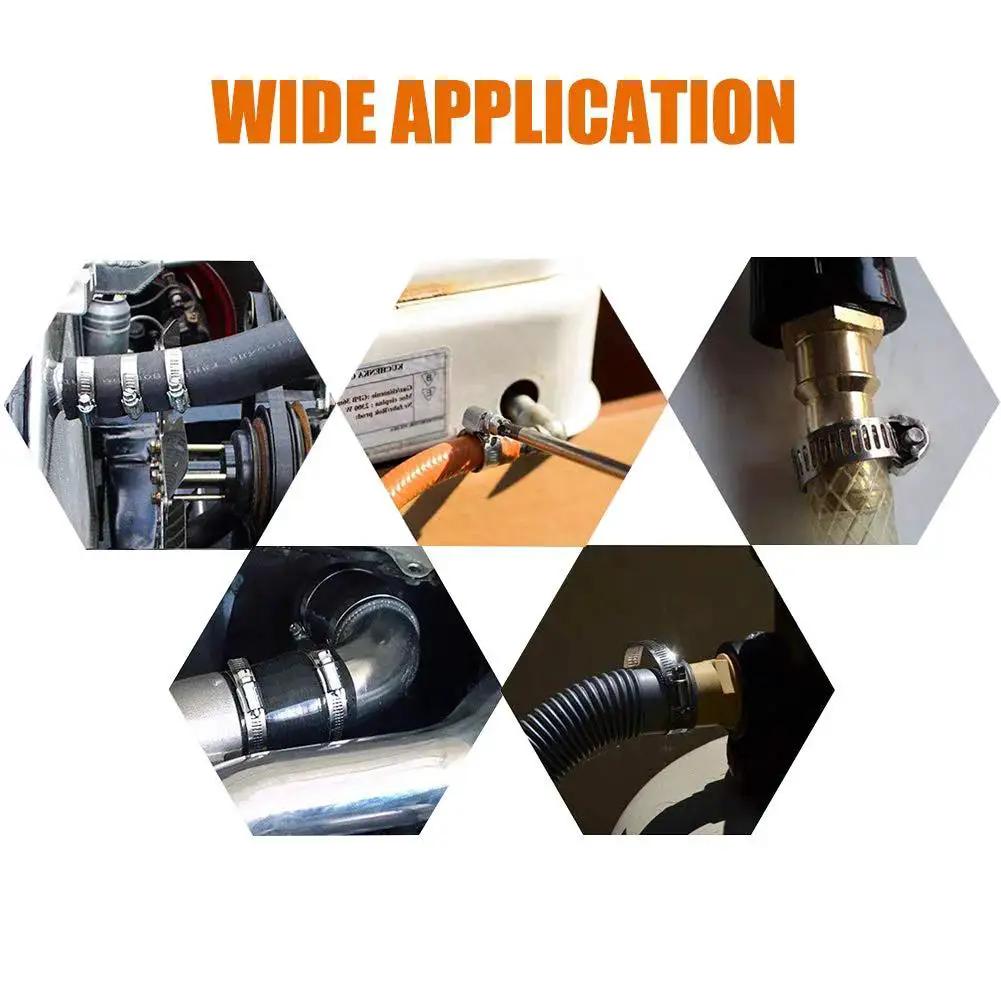Stainless Steel Adjustable Worm Gear Hose Clamp Kit For 27 To 102mm Range, 12-Piece Silver Assortment, shown in various applications.