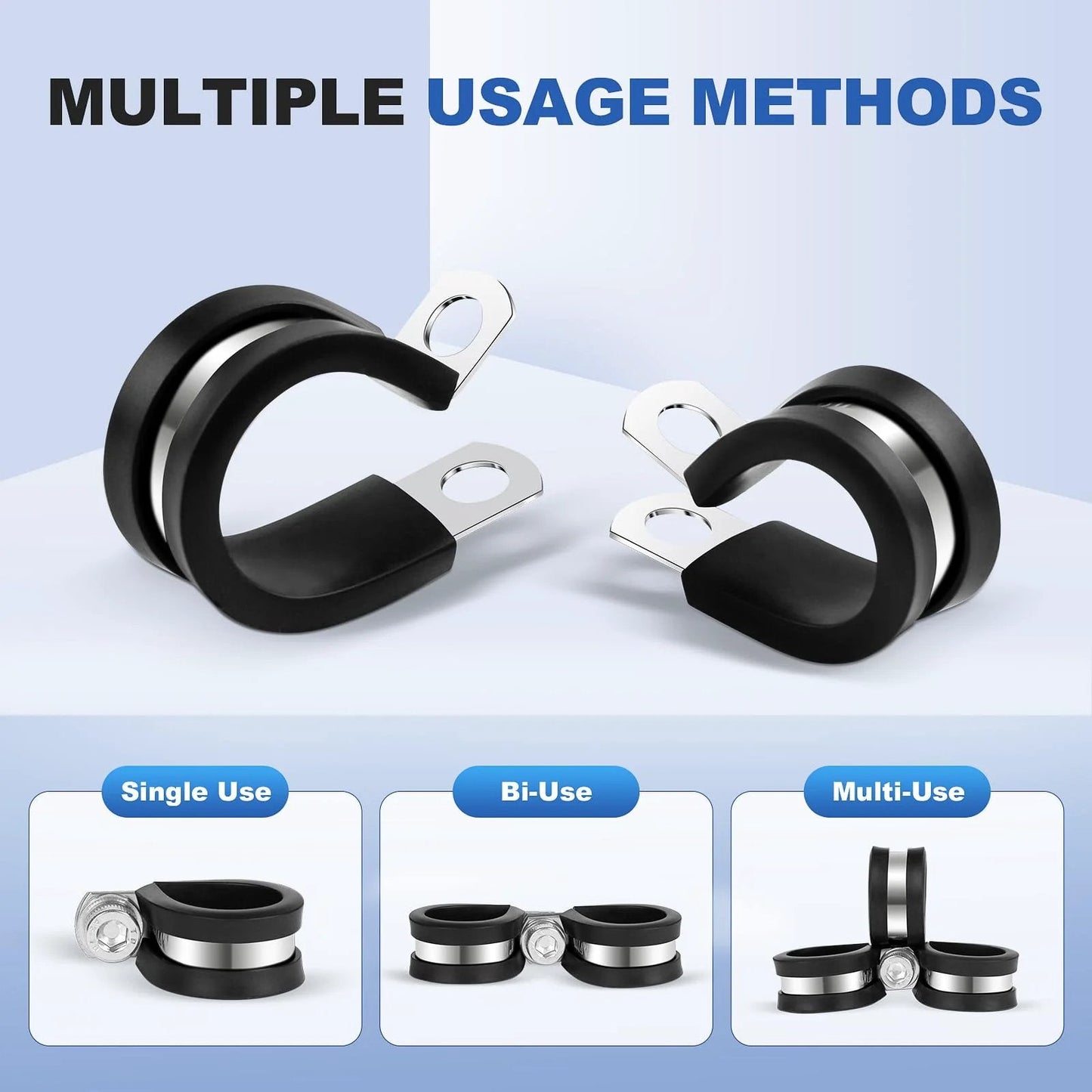 Heavy Duty Stainless Steel Cable Clamps One Half Inch Pack Of 20 With Rubber Coated Cushioned Insulated Clips for various installations.