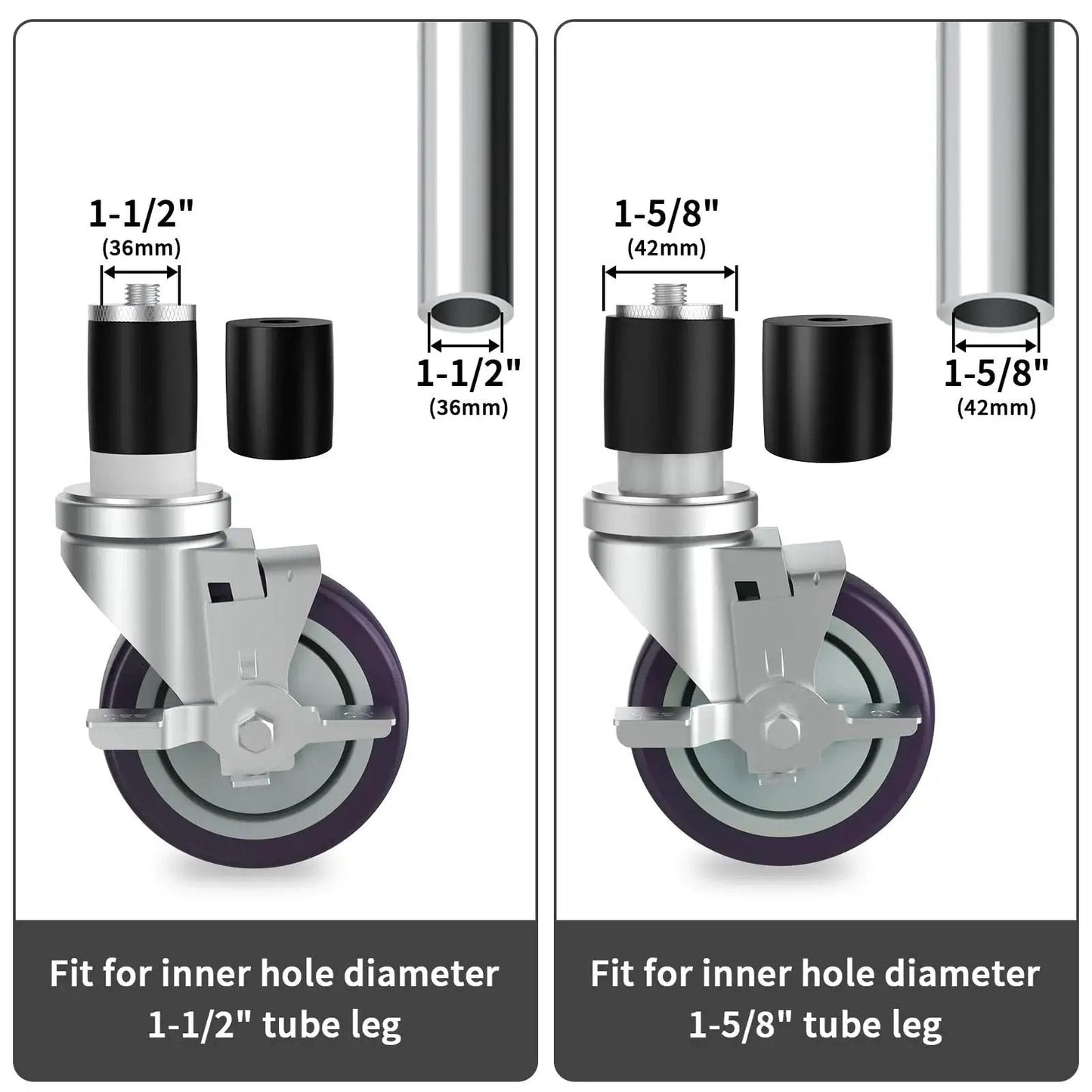 Diagram of 4 Inch Prep Table Casters Set Of 4 With Brakes For Commercial Kitchen Tables, showing fit for 1-1/2" and 1-5/8" leg tubes.