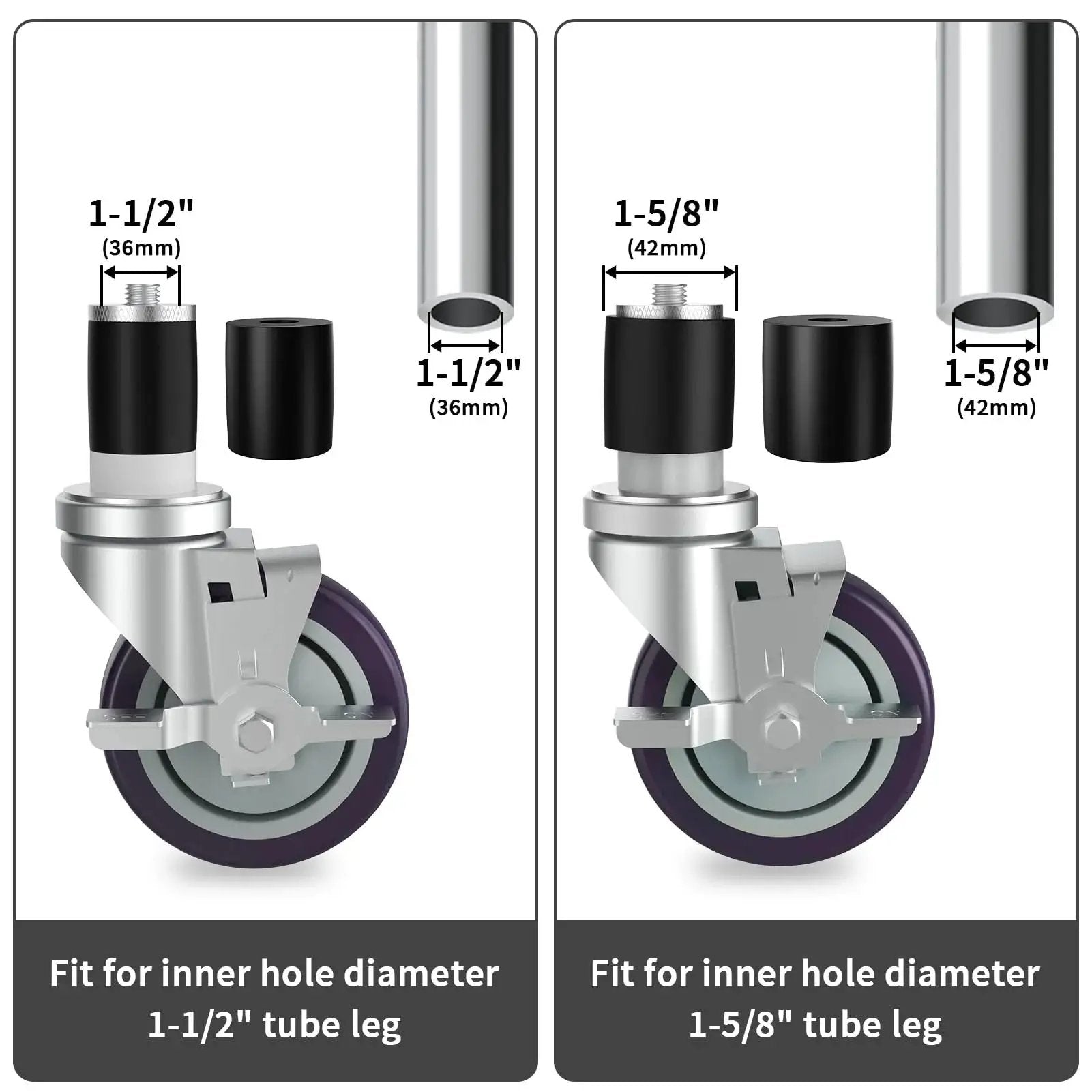Diagram of 4 Inch Prep Table Casters Set Of 4 With Brakes For Commercial Kitchen Tables, showing fit for 1-1/2" and 1-5/8" leg tubes.