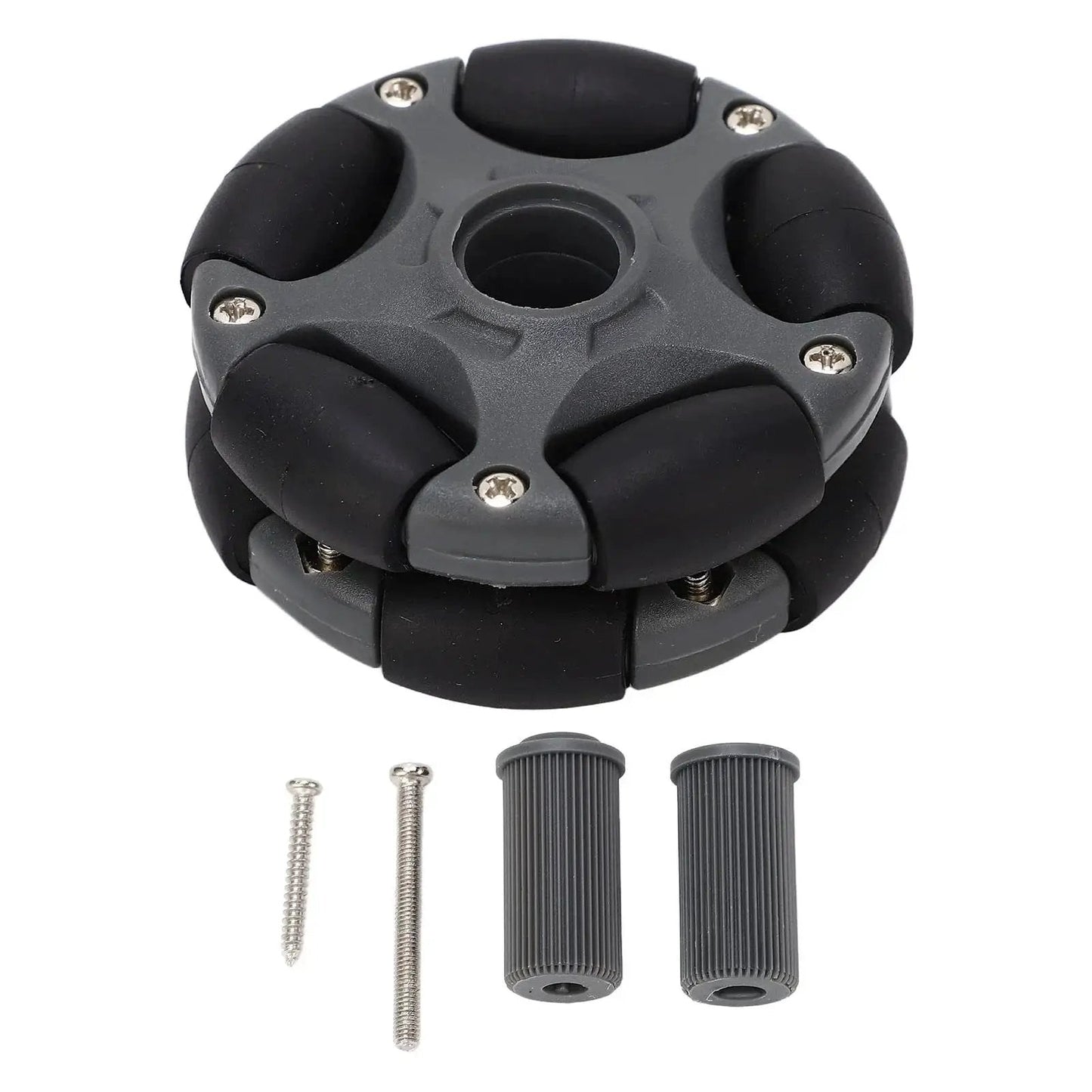 Omni Directional 58mm Plastic Wheel With Double Row 360 Degree Rotation For Robots Go Karts And ATVs in black and grey with screws